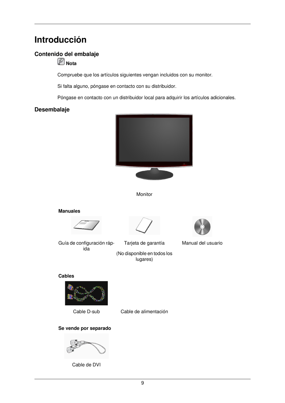 Samsung LS22TWPSUV/EN manual Introducción, Contenido del embalaje, Desembalaje 