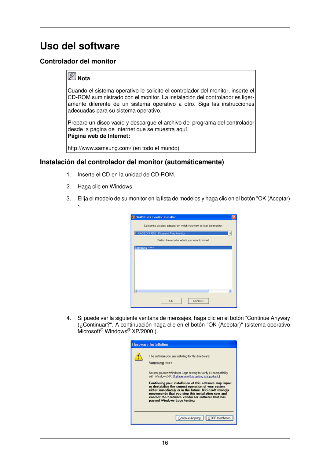 Samsung LS22TWPSUV/EN Uso del software, Controlador del monitor, Instalación del controlador del monitor automáticamente 