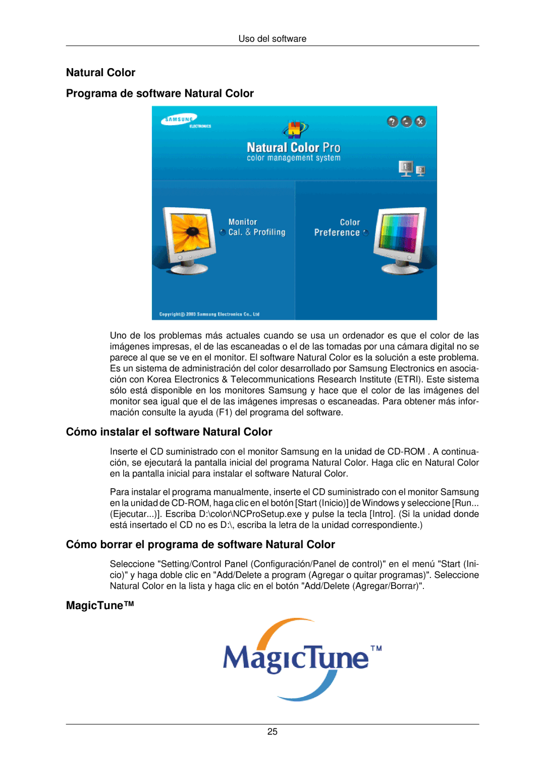 Samsung LS22TWPSUV/EN Natural Color Programa de software Natural Color, Cómo instalar el software Natural Color, MagicTune 