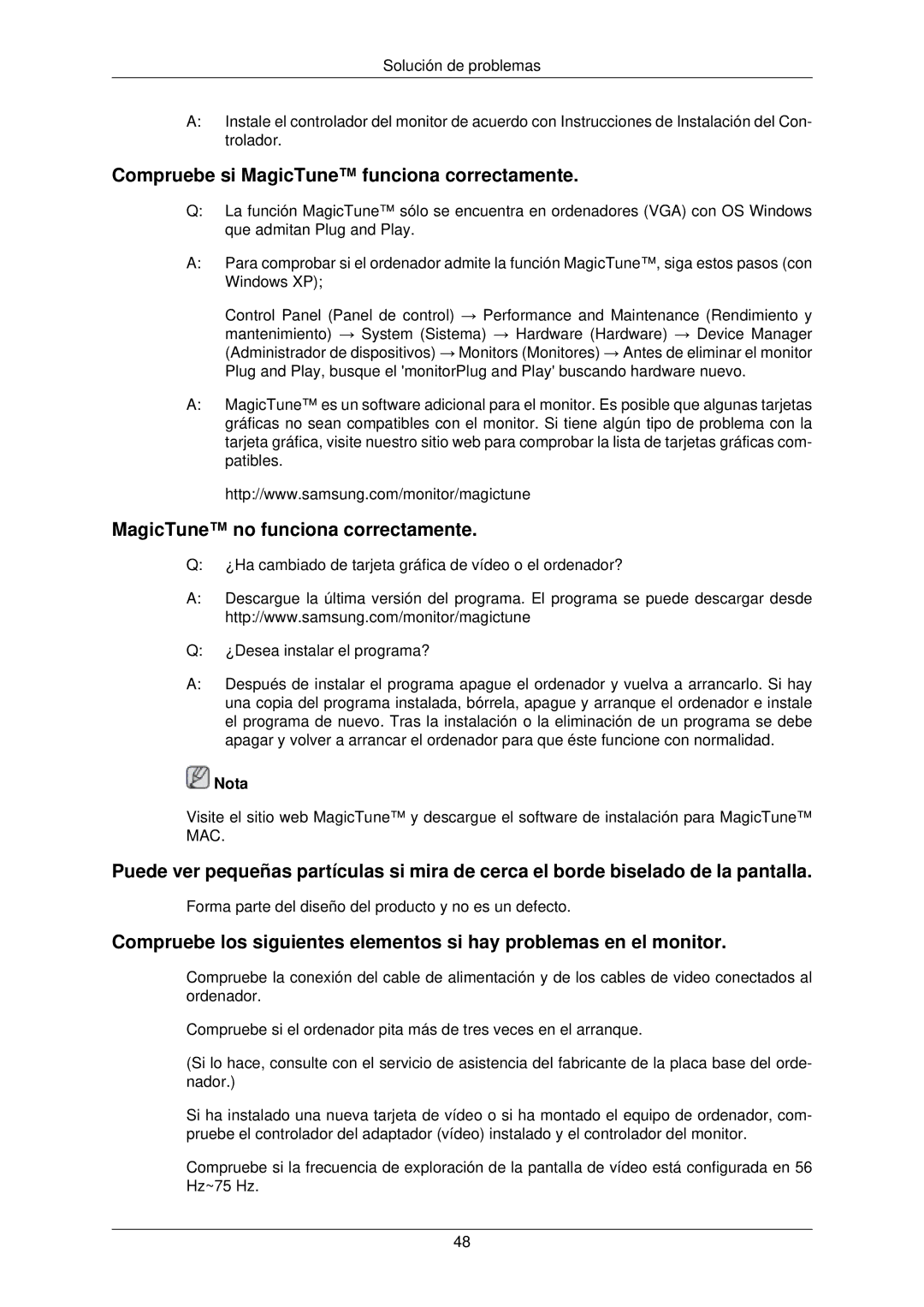 Samsung LS22TWPSUV/EN manual Compruebe si MagicTune funciona correctamente, MagicTune no funciona correctamente 