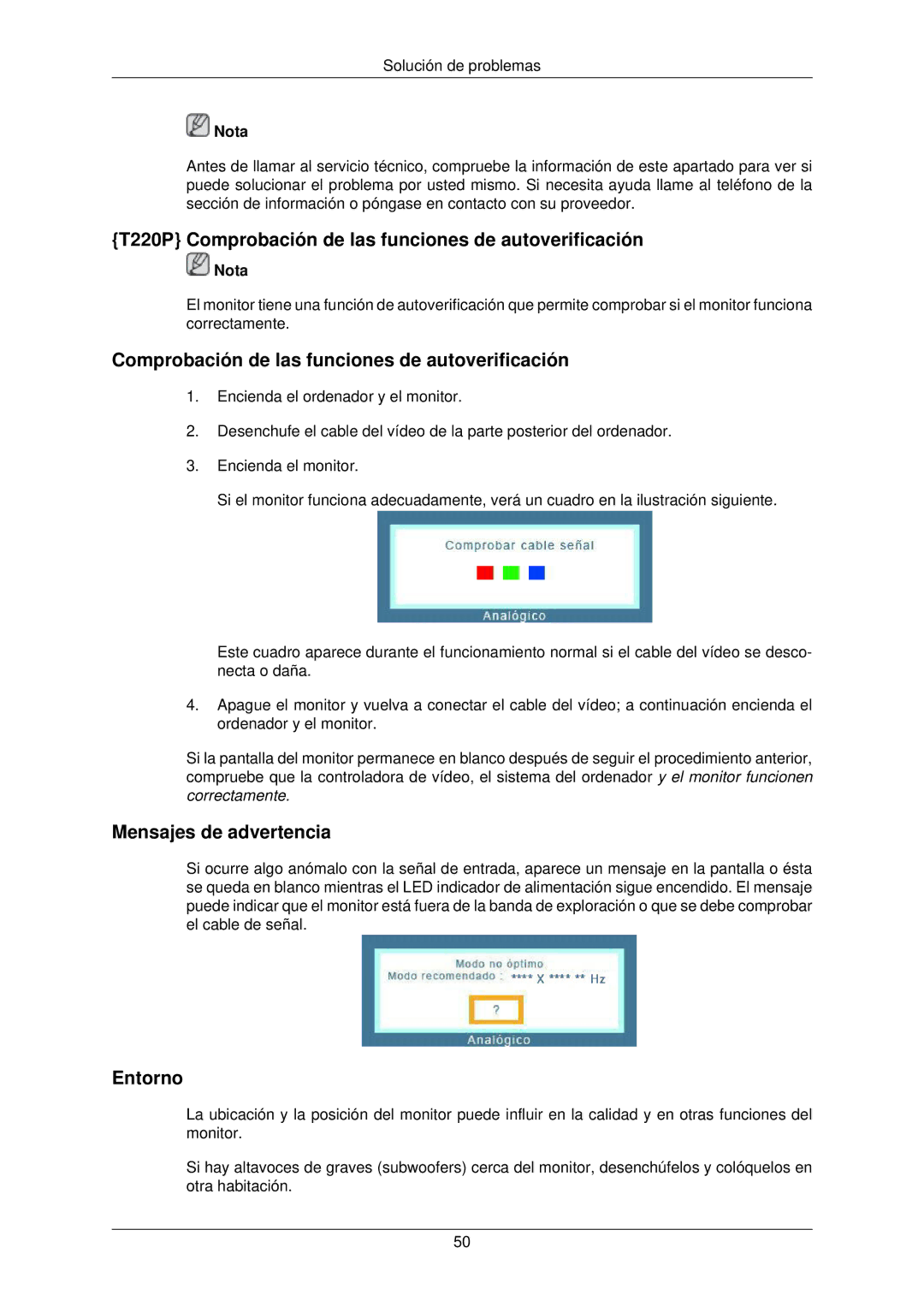 Samsung LS22TWPSUV/EN manual T220P Comprobación de las funciones de autoverificación 