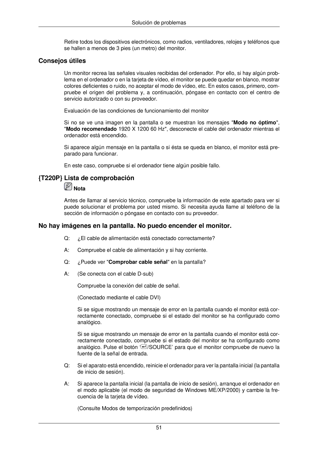 Samsung LS22TWPSUV/EN manual Consejos útiles, T220P Lista de comprobación 