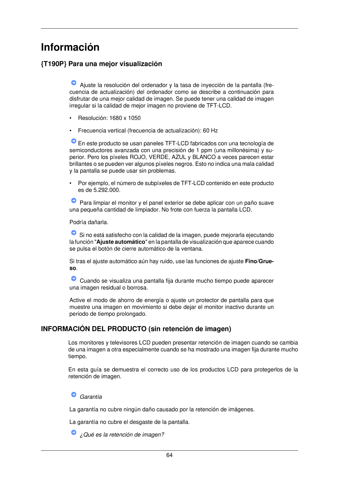 Samsung LS22TWPSUV/EN manual T190P Para una mejor visualización, Información DEL Producto sin retención de imagen 