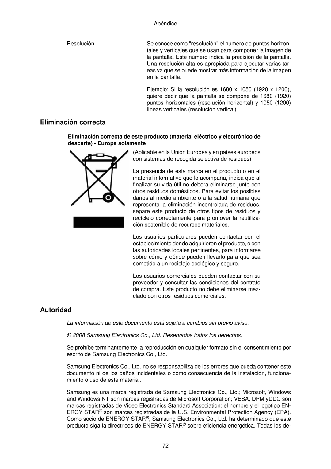 Samsung LS22TWPSUV/EN manual Eliminación correcta, Autoridad 