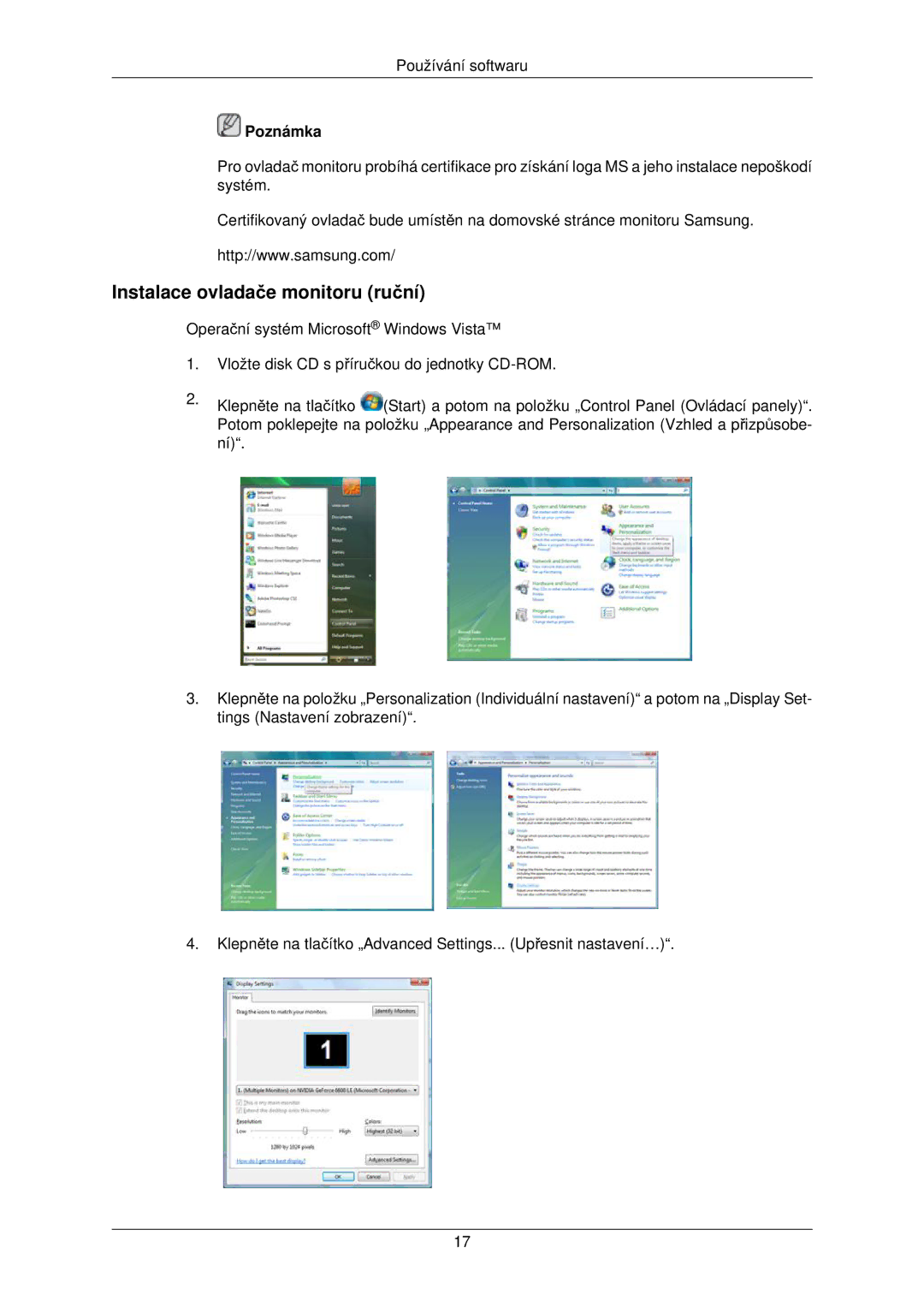 Samsung LS22TWPSUV/EN manual Instalace ovladače monitoru ruční 