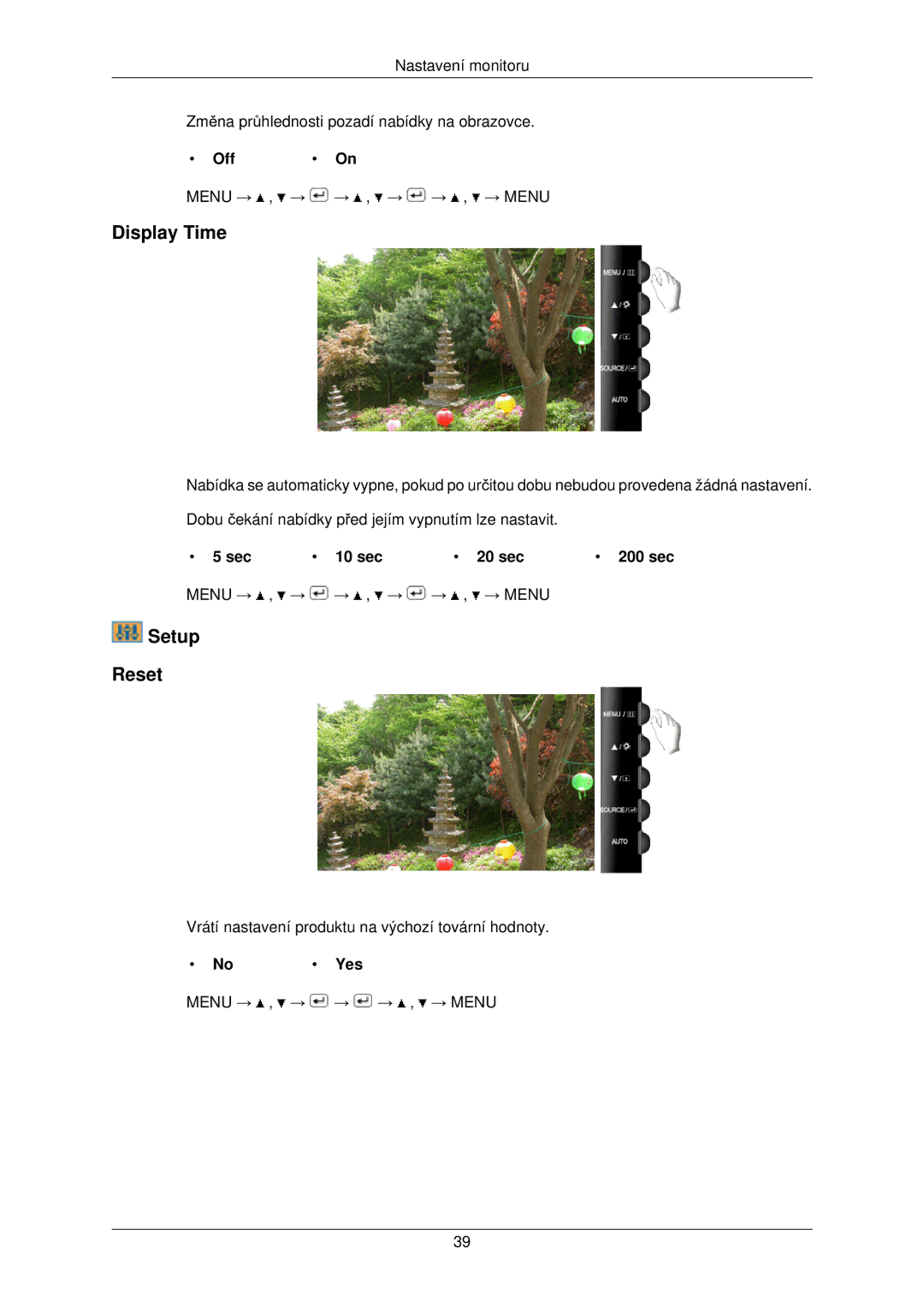 Samsung LS22TWPSUV/EN manual Display Time, Setup Reset, Off On, Sec 10 sec 20 sec 200 sec, No Yes 