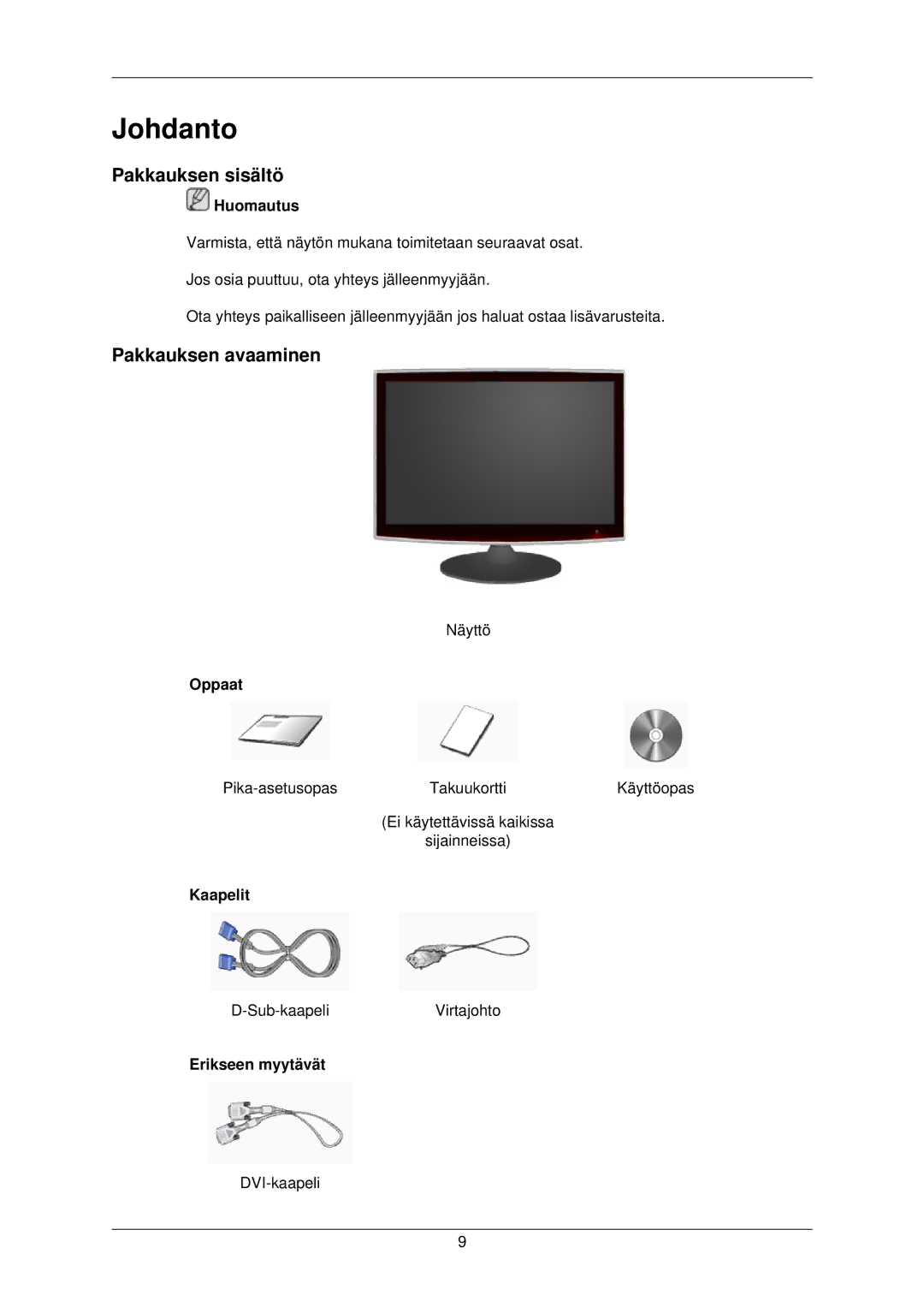 Samsung LS22TWPSUV/EN manual Johdanto, Pakkauksen sisältö, Pakkauksen avaaminen 