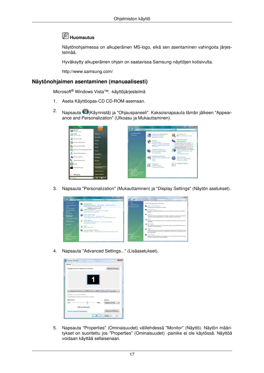 Samsung LS22TWPSUV/EN manual Näytönohjaimen asentaminen manuaalisesti 