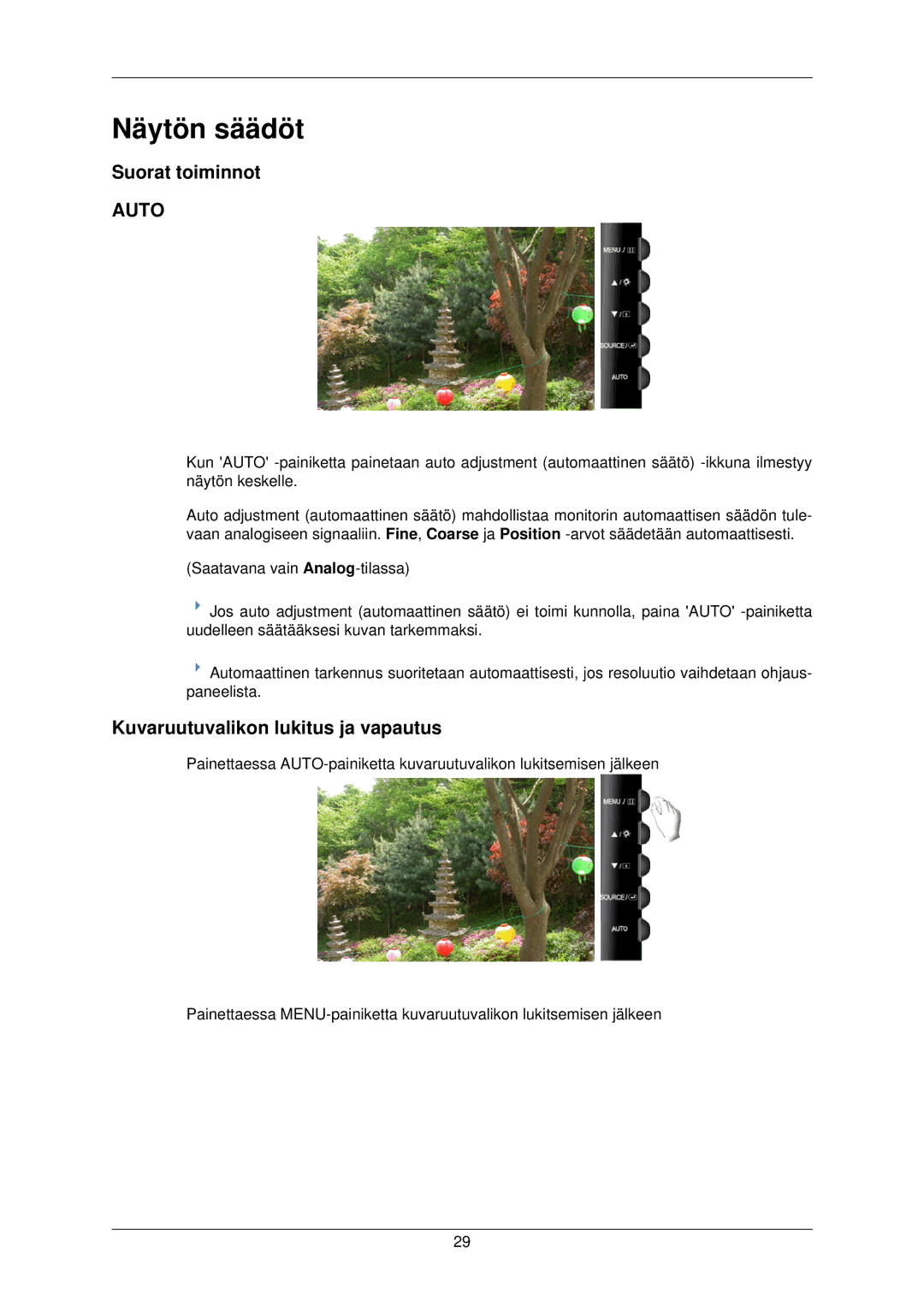 Samsung LS22TWPSUV/EN manual Näytön säädöt, Suorat toiminnot, Kuvaruutuvalikon lukitus ja vapautus 