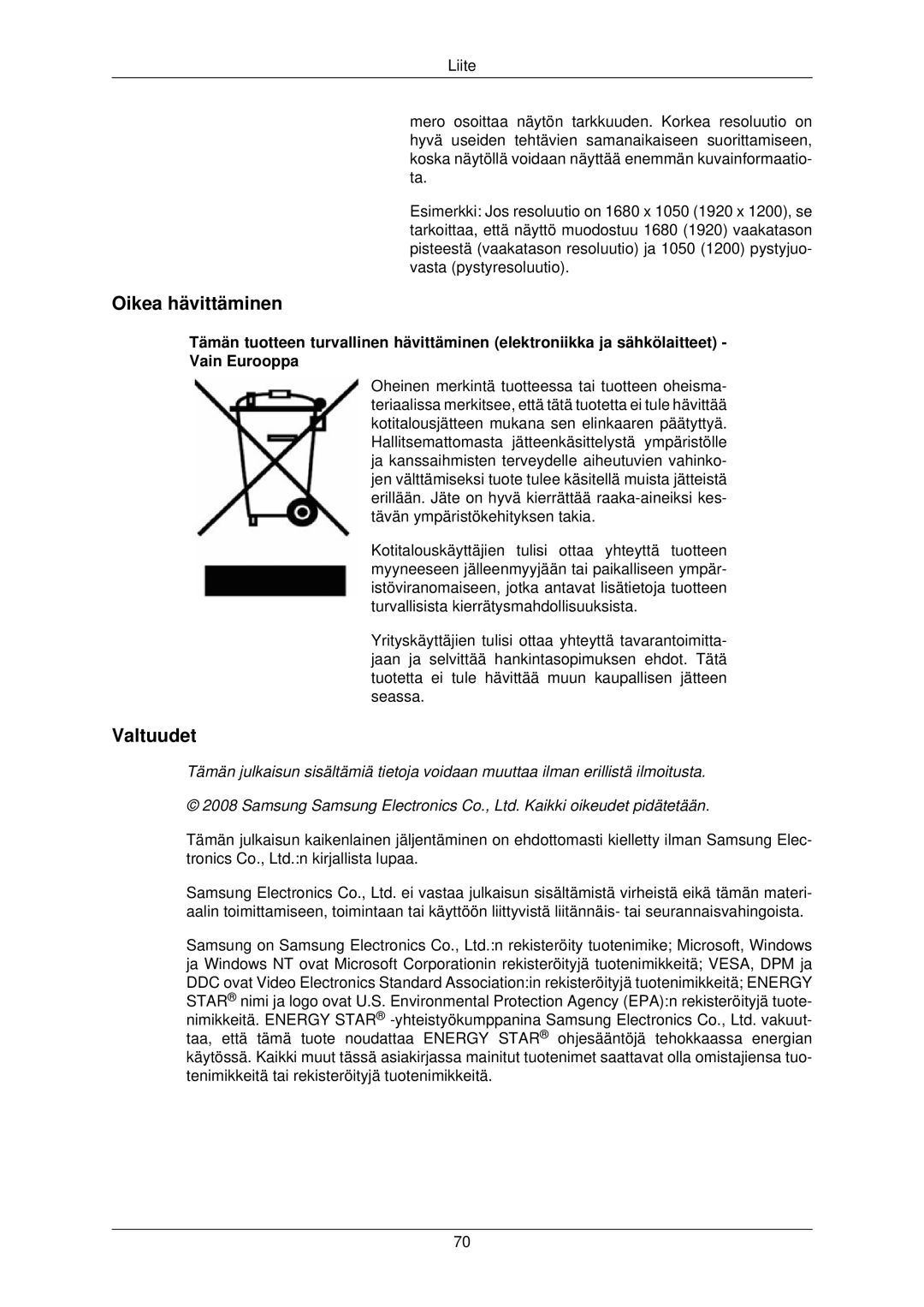 Samsung LS22TWPSUV/EN manual Oikea hävittäminen, Valtuudet 