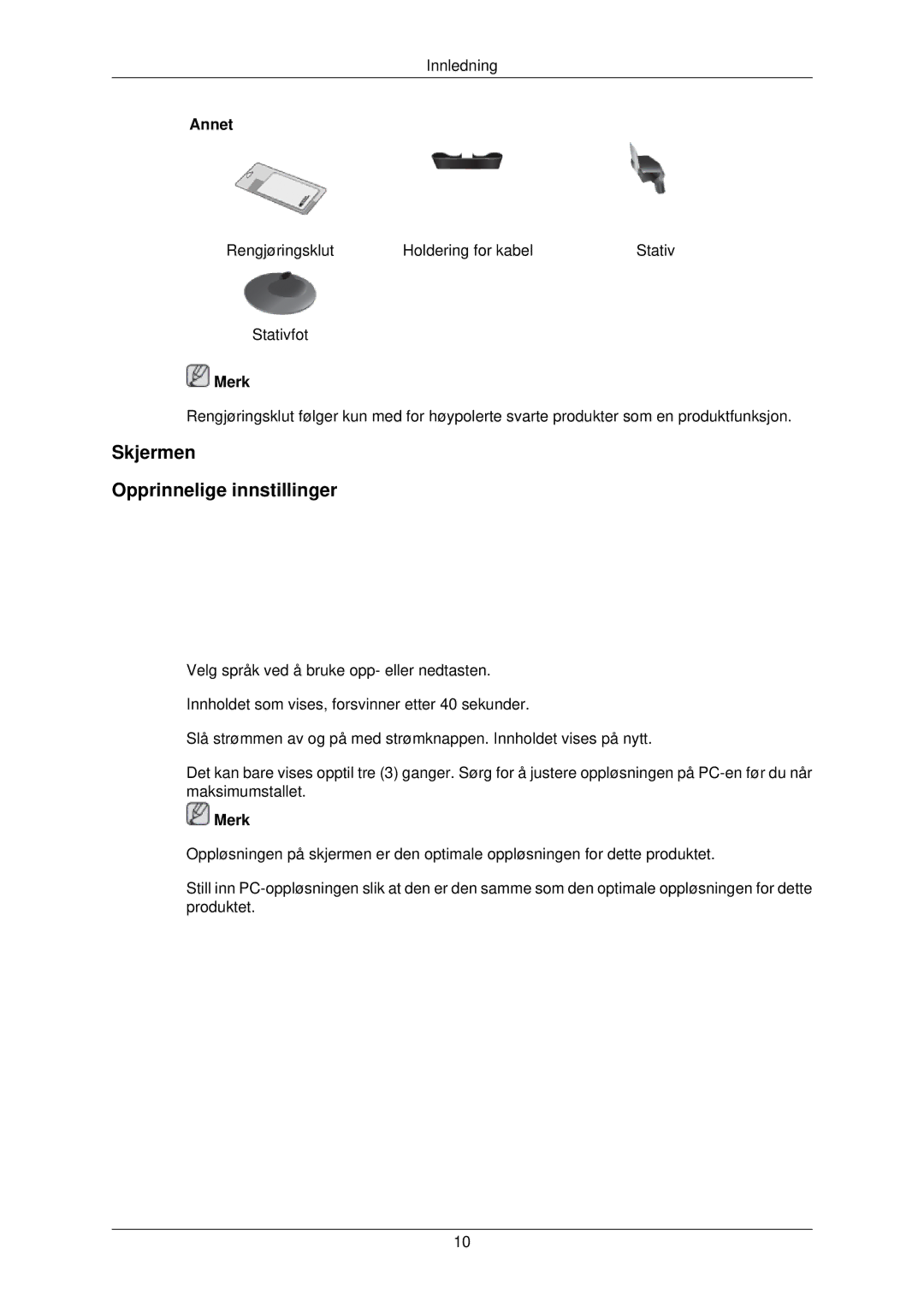 Samsung LS22TWPSUV/EN manual Skjermen Opprinnelige innstillinger 