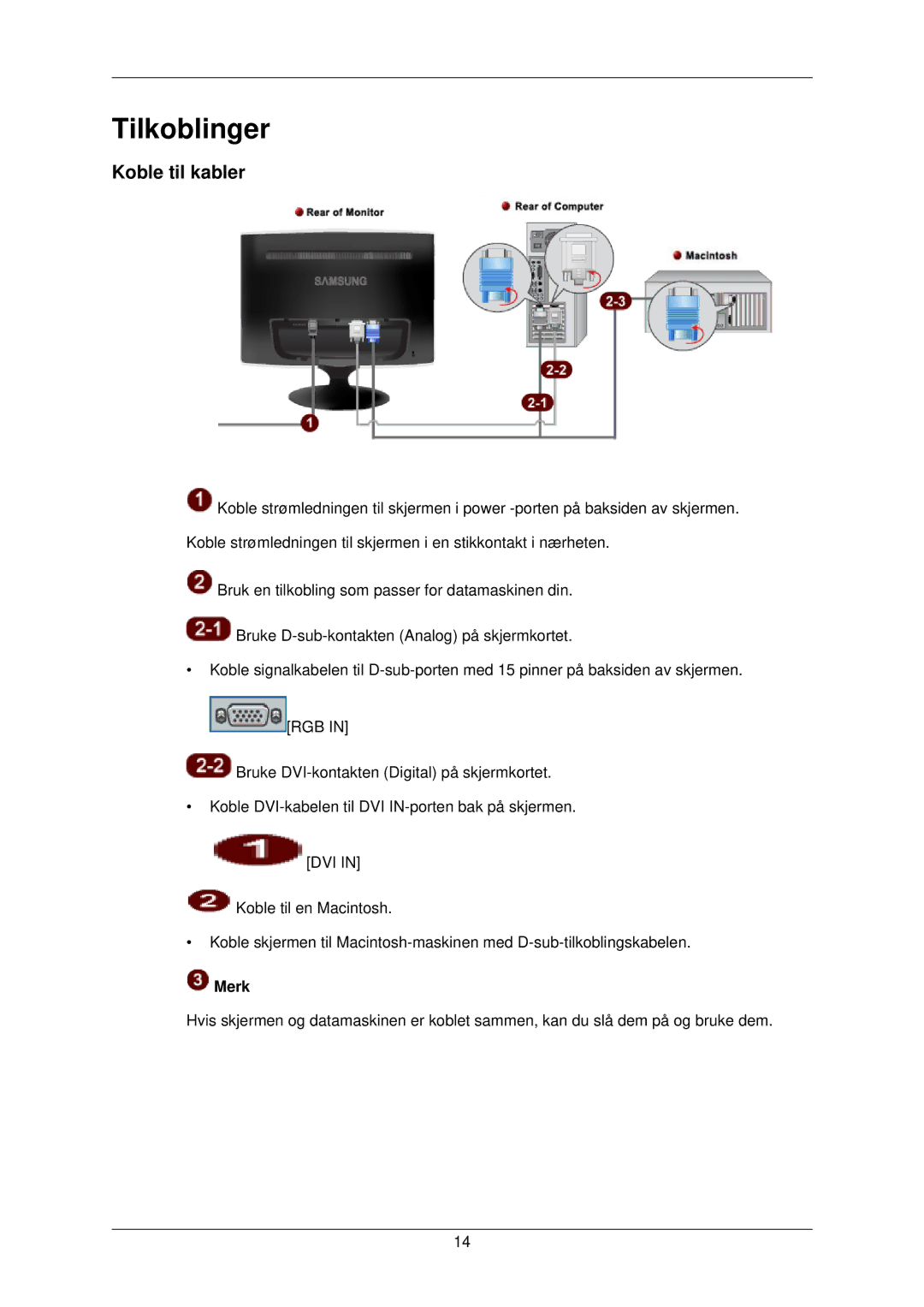 Samsung LS22TWPSUV/EN manual Tilkoblinger, Koble til kabler 