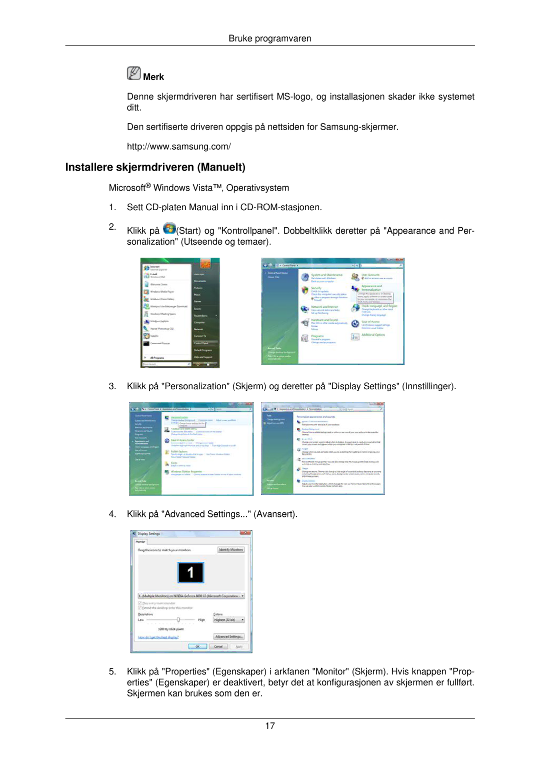 Samsung LS22TWPSUV/EN manual Installere skjermdriveren Manuelt 