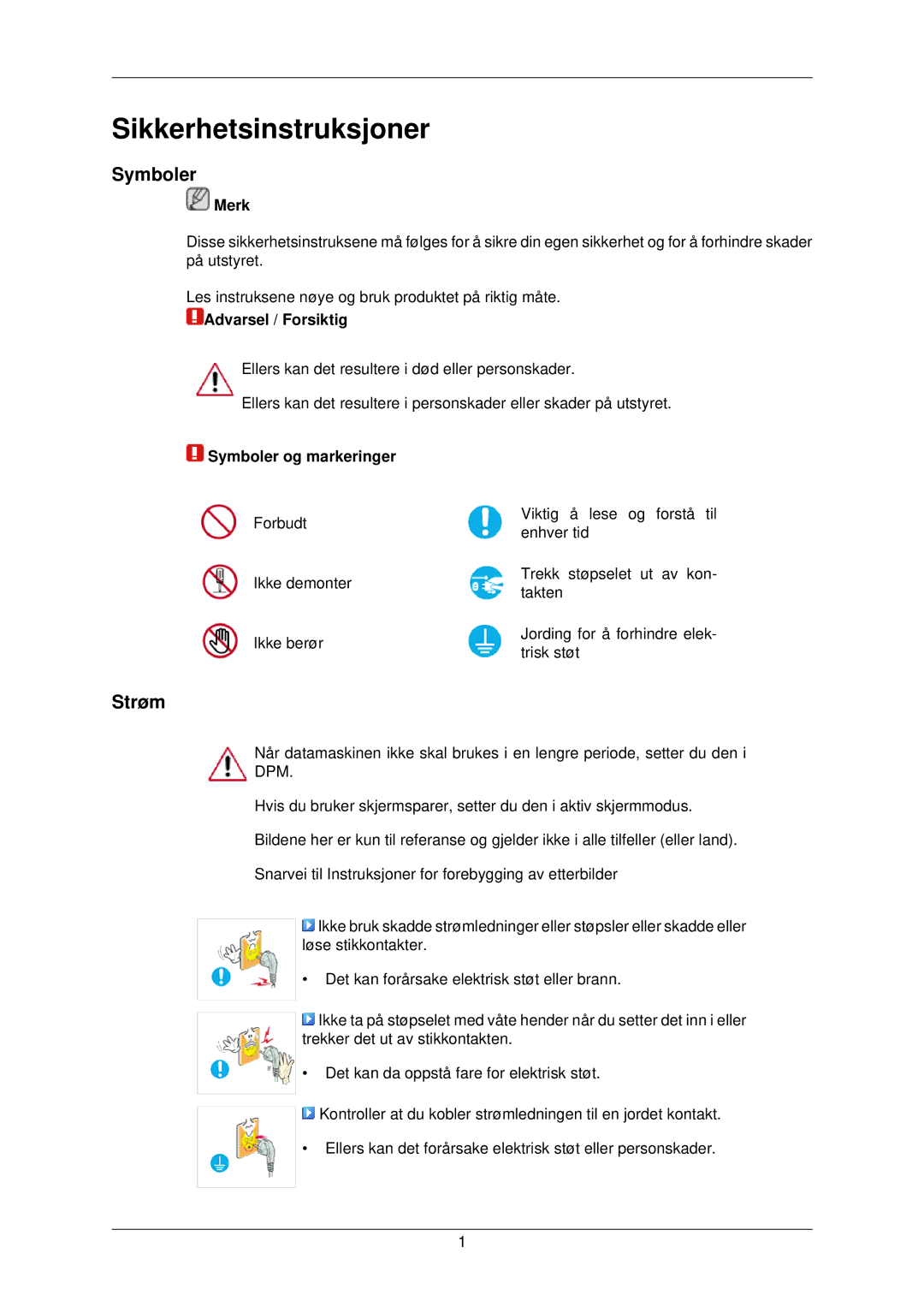 Samsung LS22TWPSUV/EN manual Sikkerhetsinstruksjoner, Symboler, Strøm 