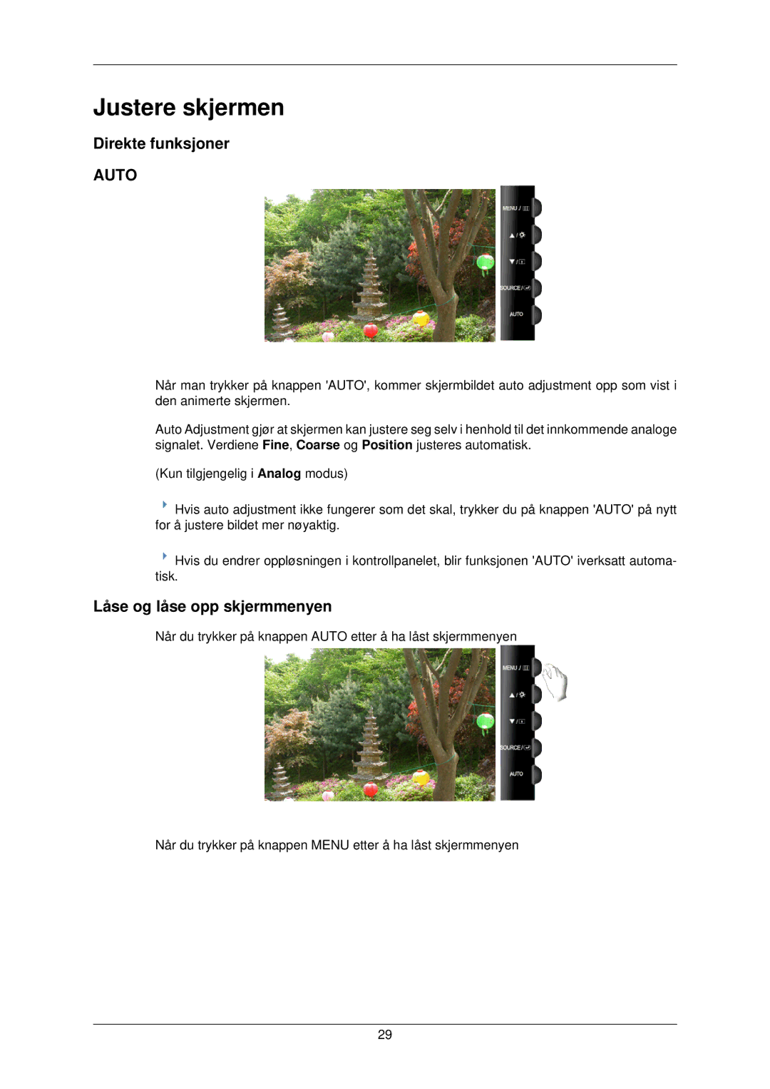 Samsung LS22TWPSUV/EN manual Justere skjermen, Direkte funksjoner, Låse og låse opp skjermmenyen 