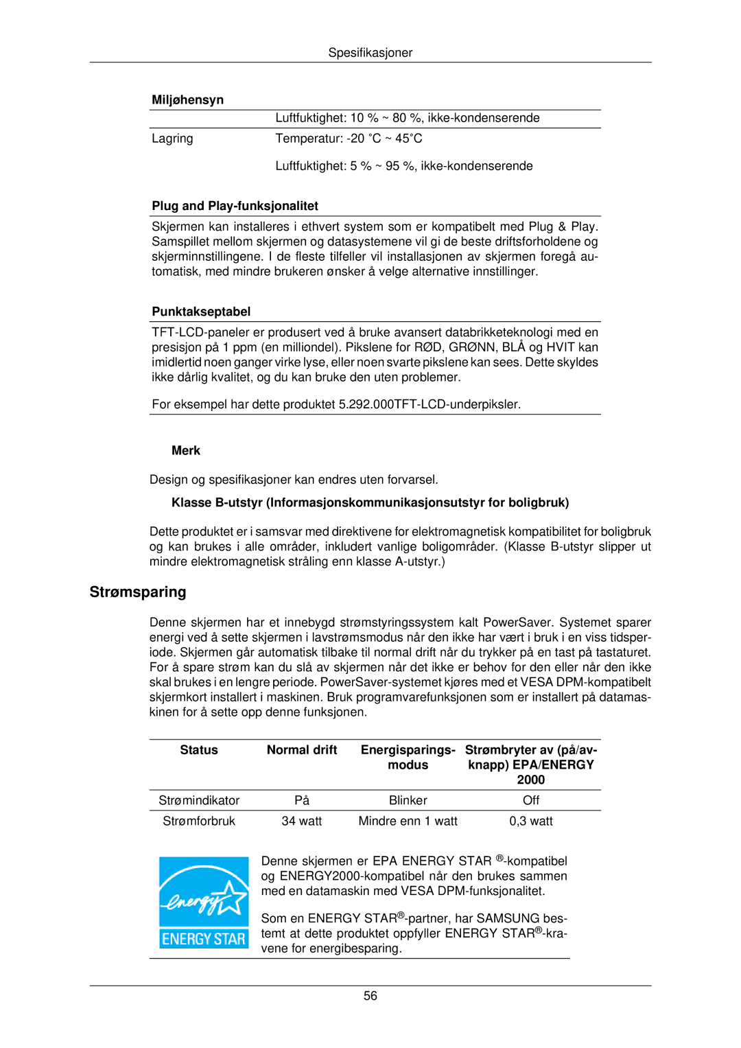 Samsung LS22TWPSUV/EN manual Strømsparing, Plug and Play-funksjonalitet 