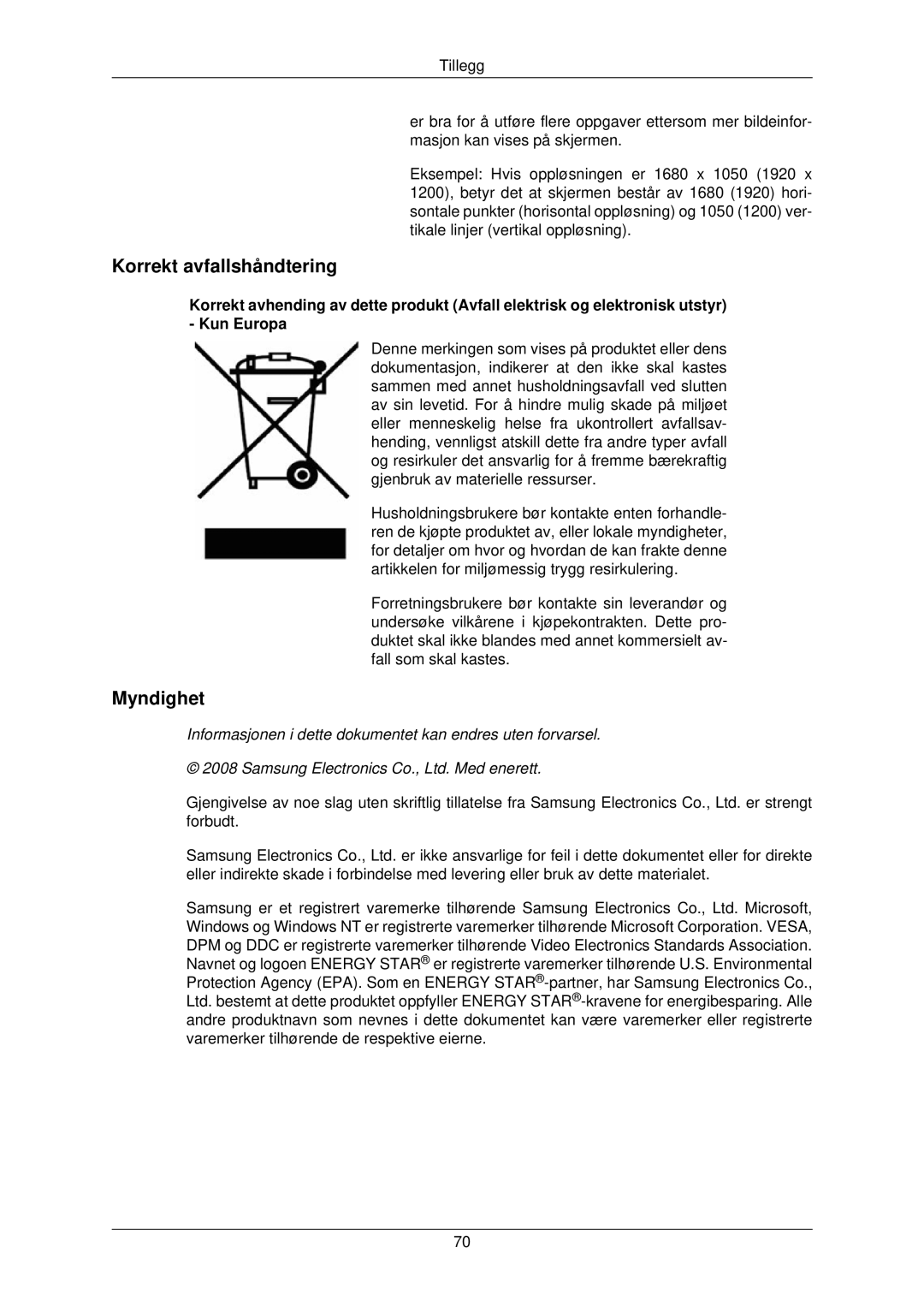 Samsung LS22TWPSUV/EN manual Korrekt avfallshåndtering, Myndighet 