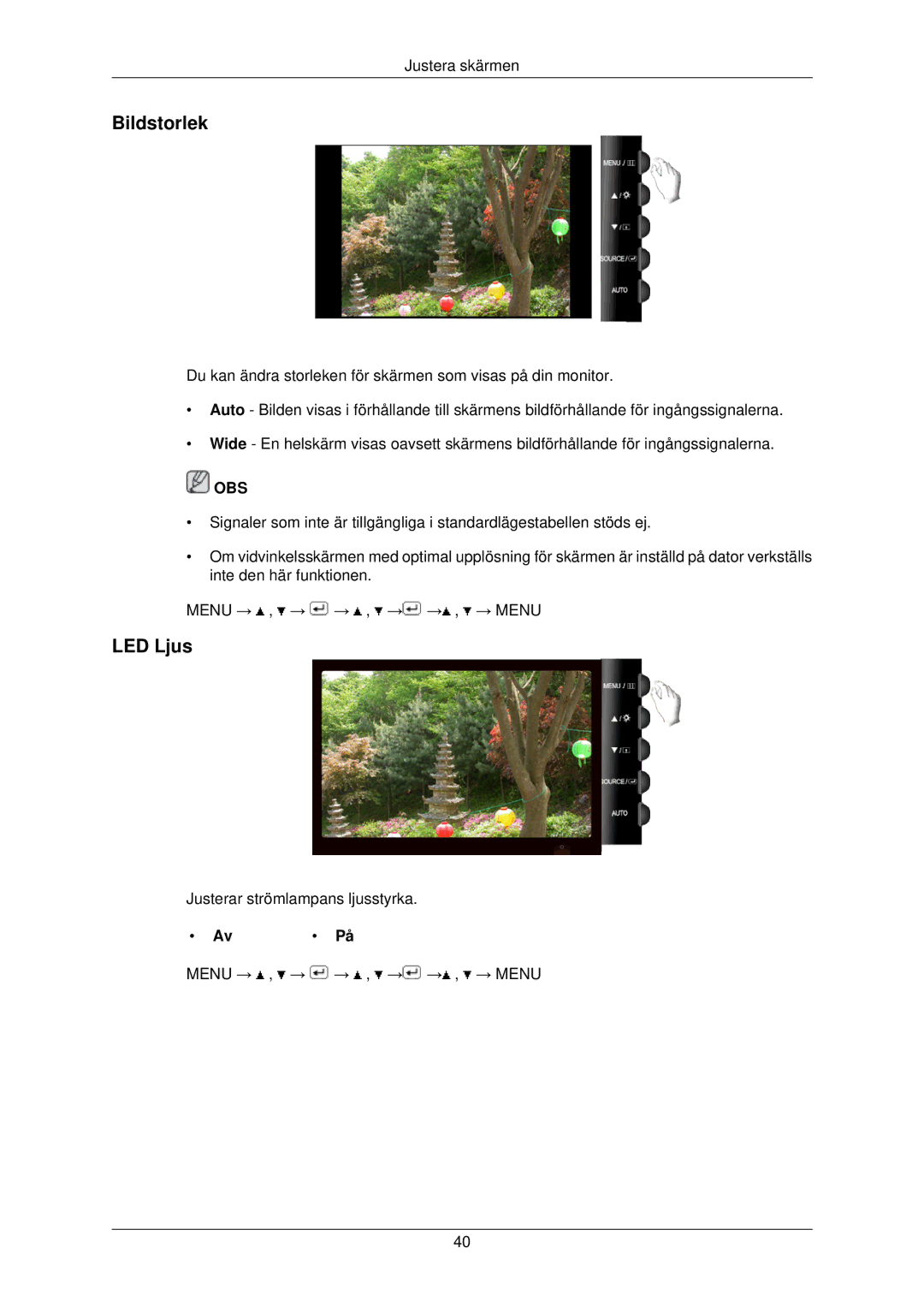 Samsung LS22TWPSUV/EN manual Bildstorlek, LED Ljus 