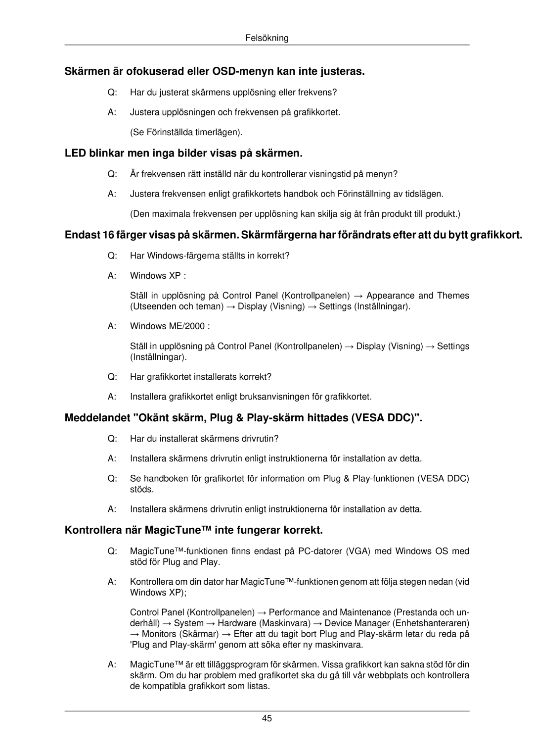 Samsung LS22TWPSUV/EN manual Skärmen är ofokuserad eller OSD-menyn kan inte justeras 