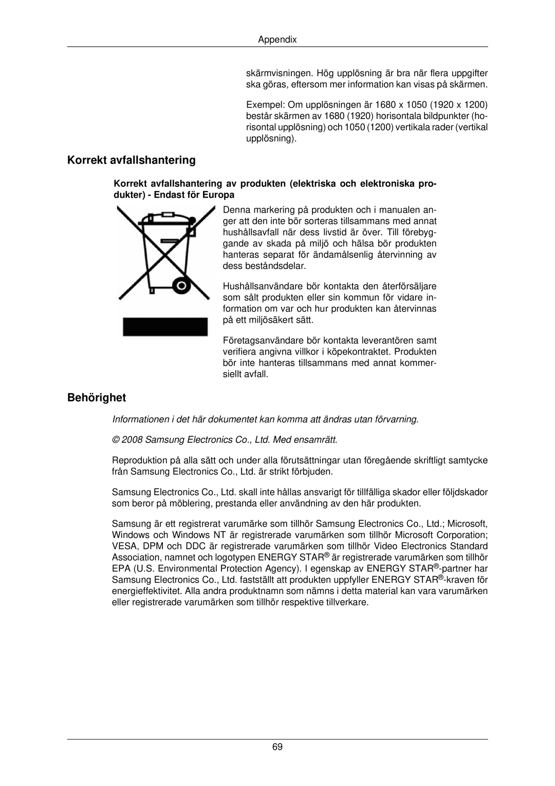 Samsung LS22TWPSUV/EN manual Korrekt avfallshantering, Behörighet 