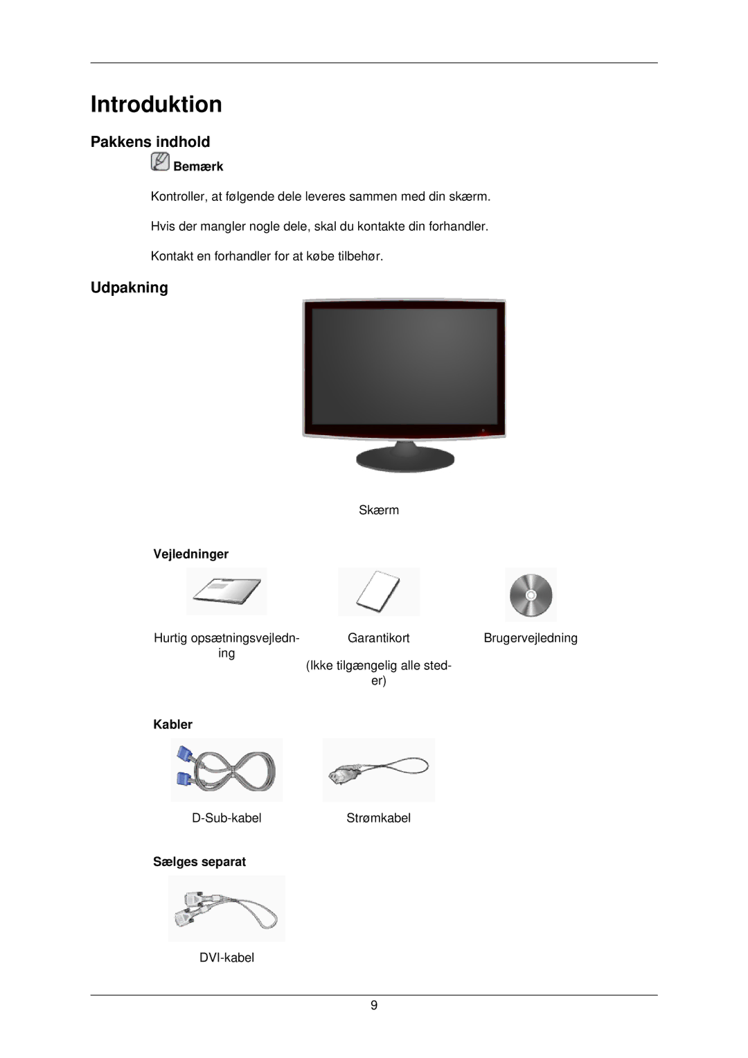 Samsung LS22TWPSUV/EN manual Introduktion, Pakkens indhold, Udpakning 