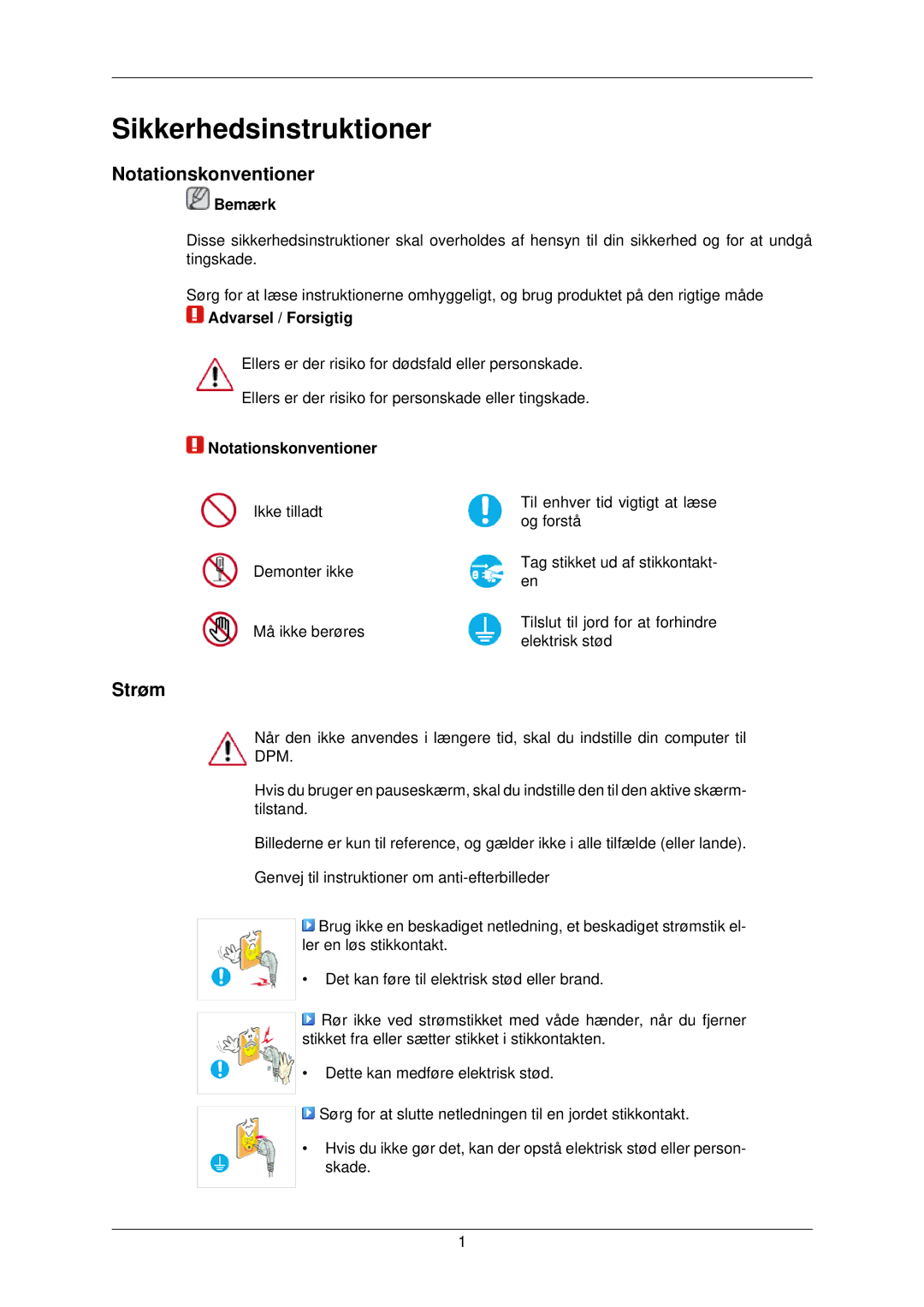 Samsung LS22TWPSUV/EN manual Sikkerhedsinstruktioner, Notationskonventioner, Strøm 