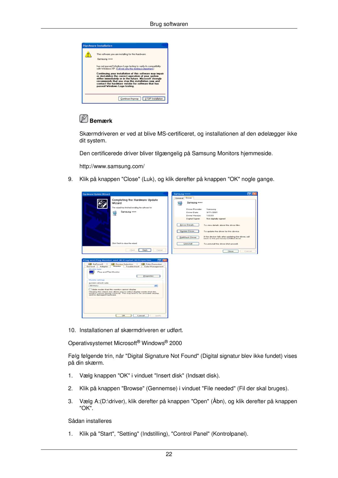 Samsung LS22TWPSUV/EN manual Bemærk 