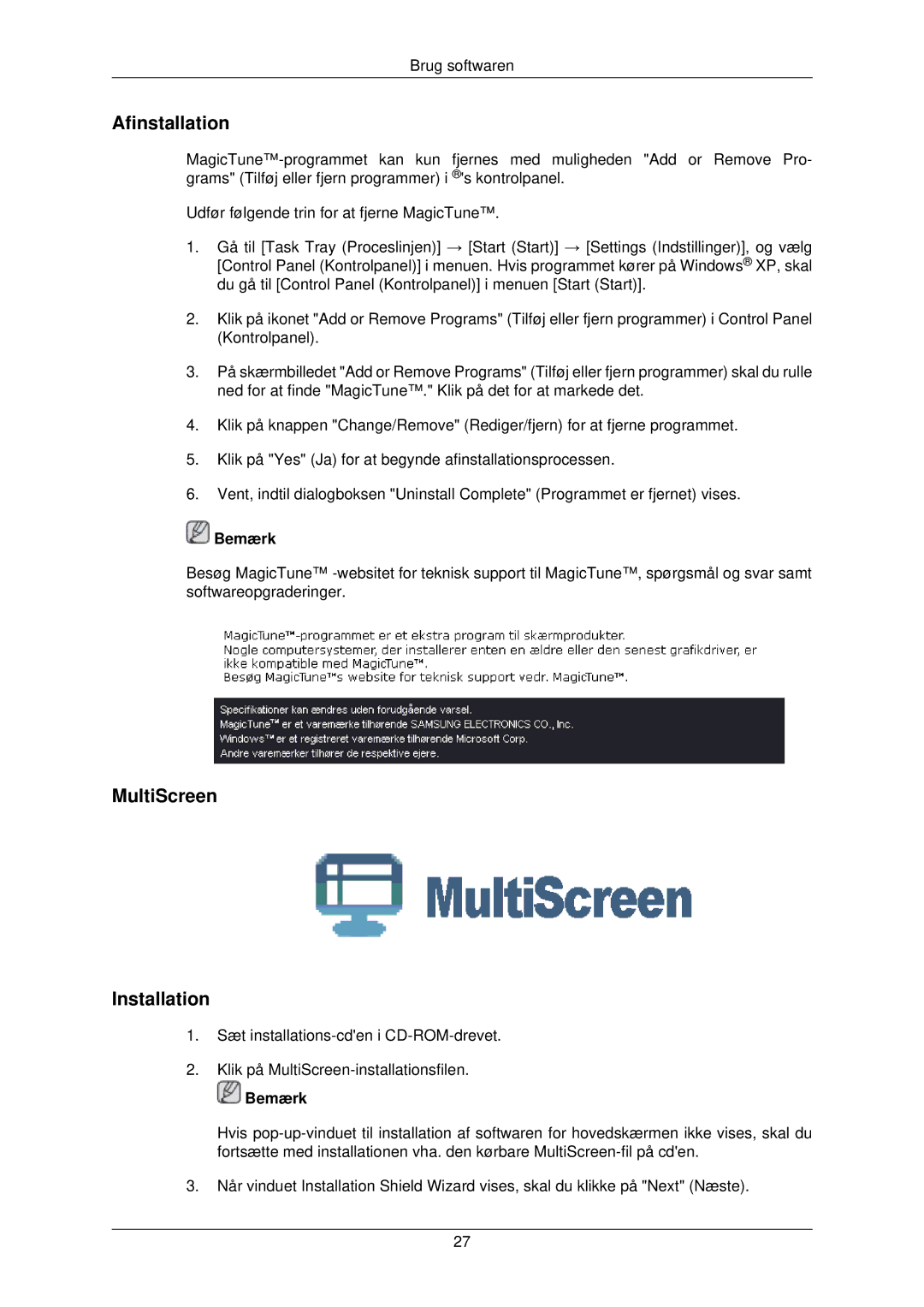 Samsung LS22TWPSUV/EN manual Afinstallation, MultiScreen Installation 