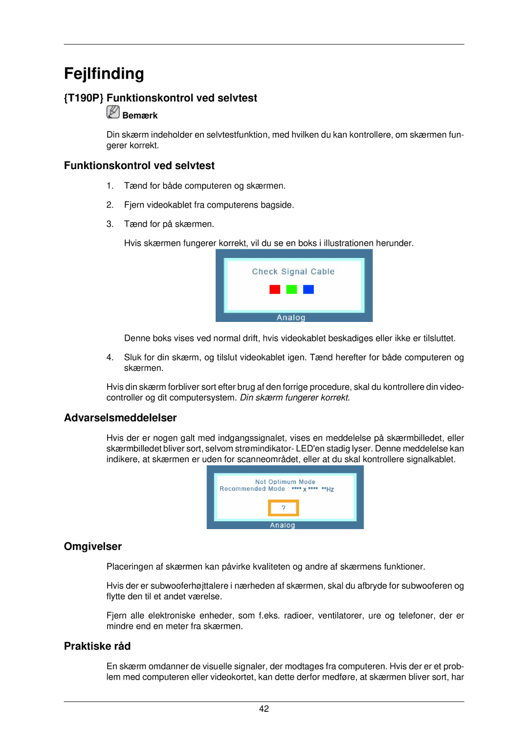 Samsung LS22TWPSUV/EN manual Fejlfinding, T190P Funktionskontrol ved selvtest, Omgivelser, Praktiske råd 