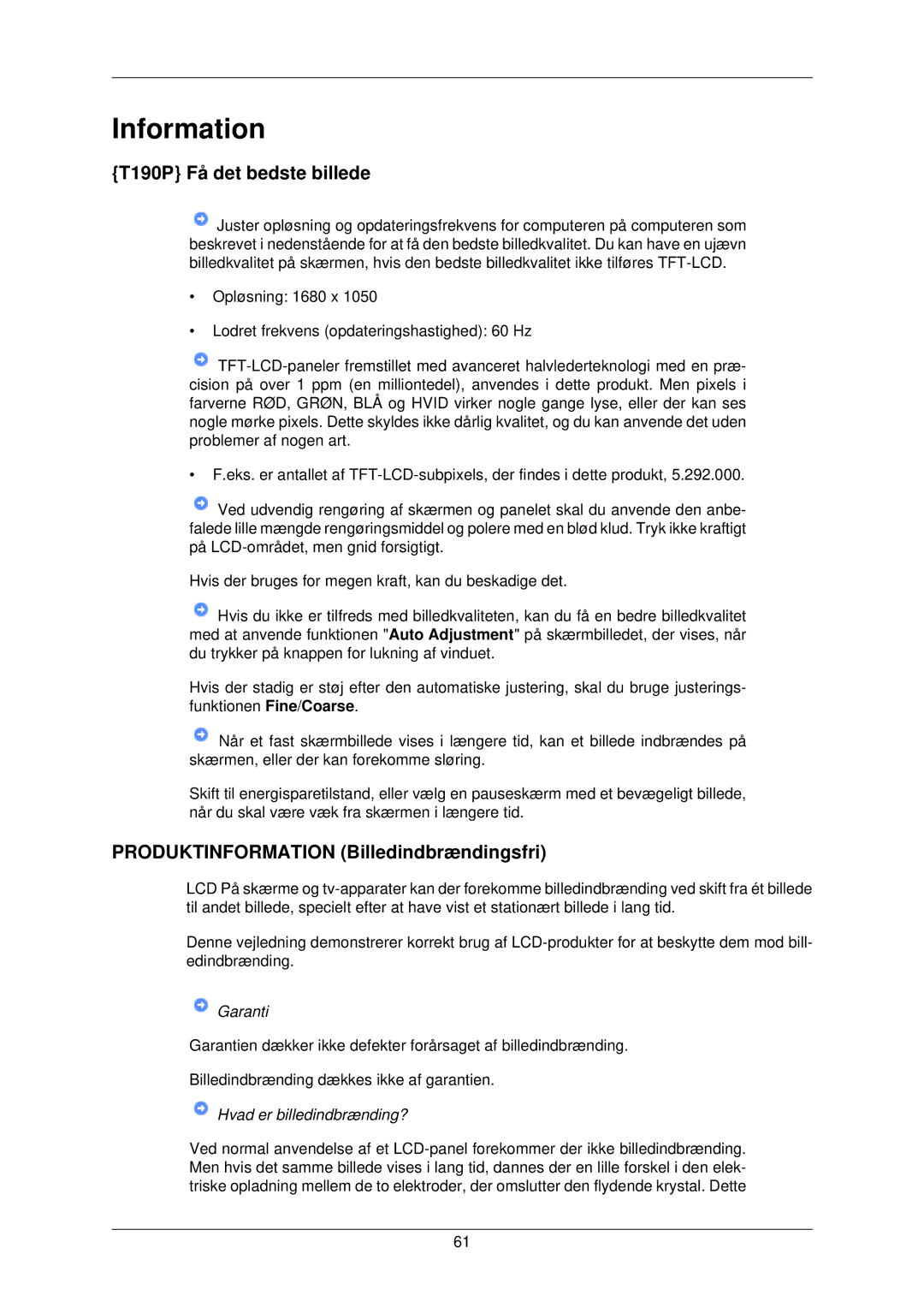 Samsung LS22TWPSUV/EN manual Information, T190P Få det bedste billede, Produktinformation Billedindbrændingsfri 