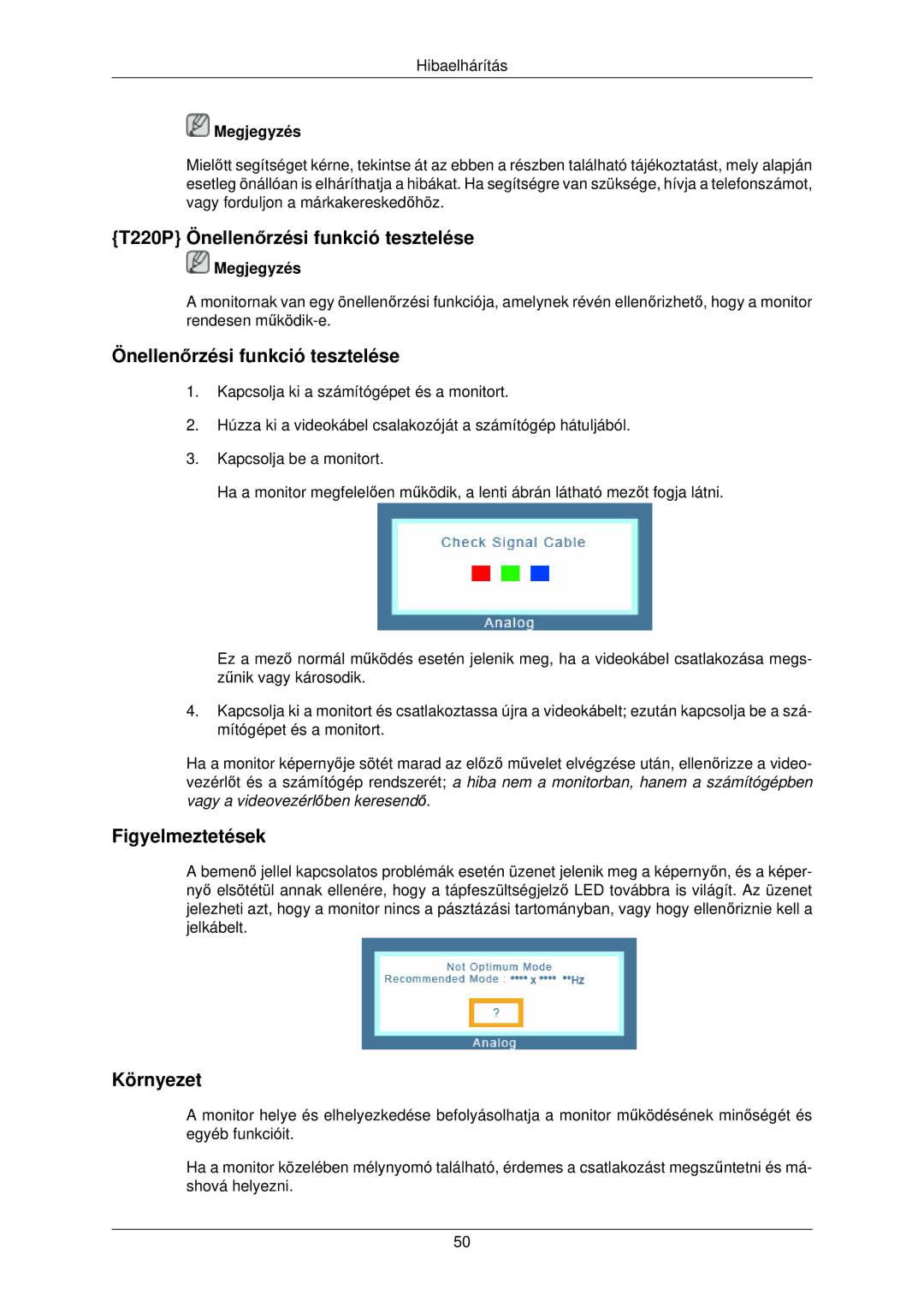 Samsung LS22TWPSUV/EN manual T220P Önellenőrzési funkció tesztelése 