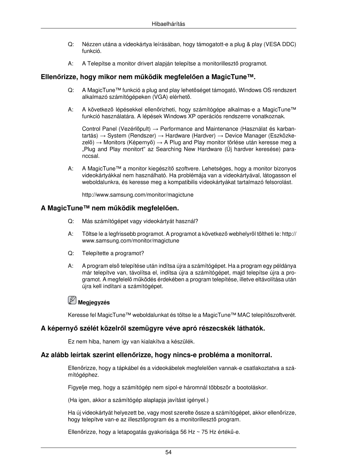 Samsung LS22TWPSUV/EN manual Ellenőrizze, hogy mikor nem működik megfelelően a MagicTune 