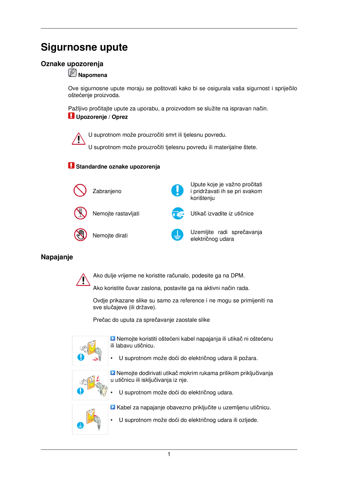 Samsung LS22TWPSUV/EN manual Sigurnosne upute, Oznake upozorenja, Napajanje 