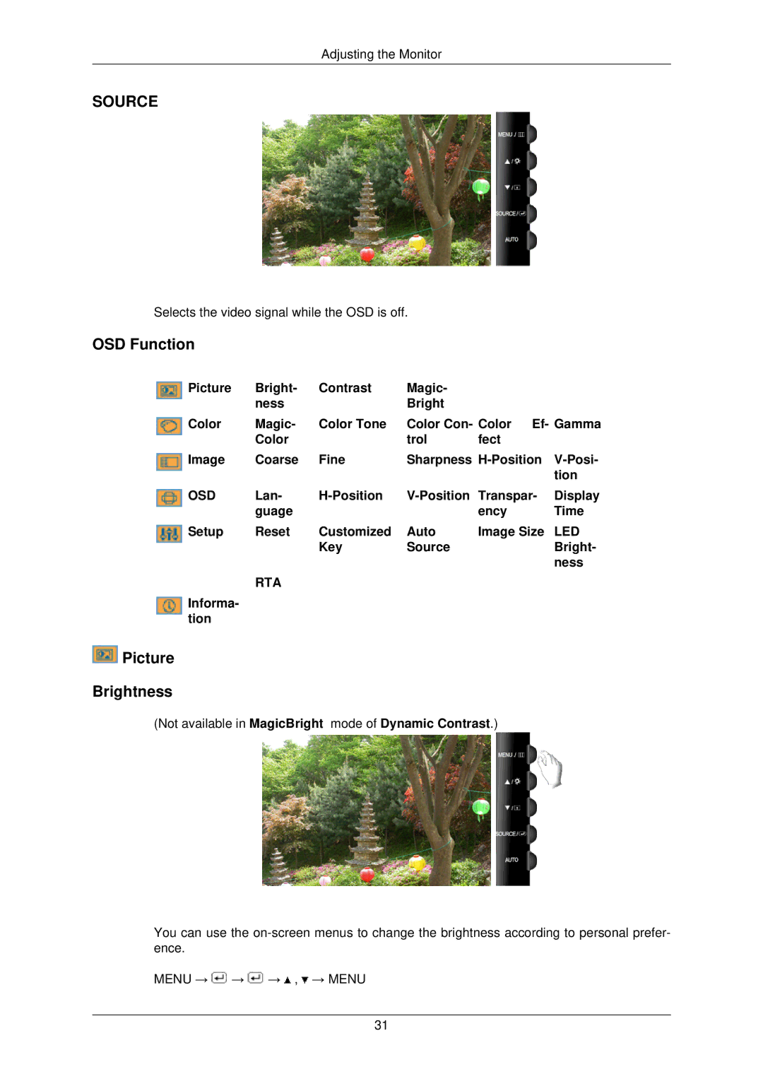 Samsung LS22TWPSUVRXJ, LS22TWPSUV/EN, LS22TWPSUV/CH OSD Function, Picture Brightness, Key Source Bright Ness, Informa- tion 