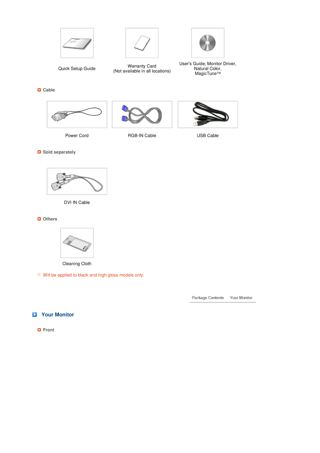 Samsung LS22UCWSFVBEDC, LS22UCWSFV/EDC manual Your Monitor, Cable, Sold separately, Others, Front 