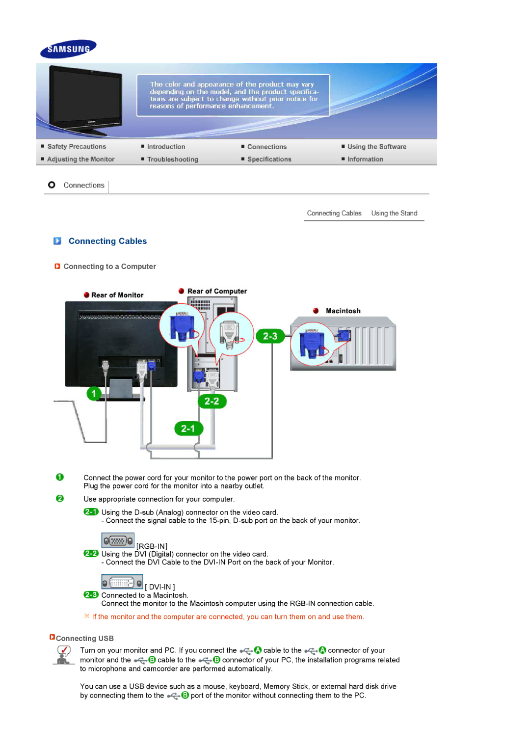 Samsung LS22UCWSFVBEDC, LS22UCWSFV/EDC manual Connecting Cables, Connecting to a Computer, Connecting USB 