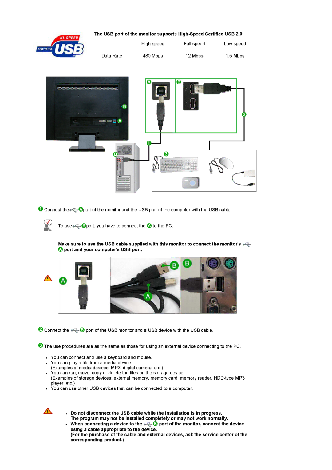 Samsung LS22UCWSFV/EDC, LS22UCWSFVBEDC manual USB port of the monitor supports High-Speed Certified USB 