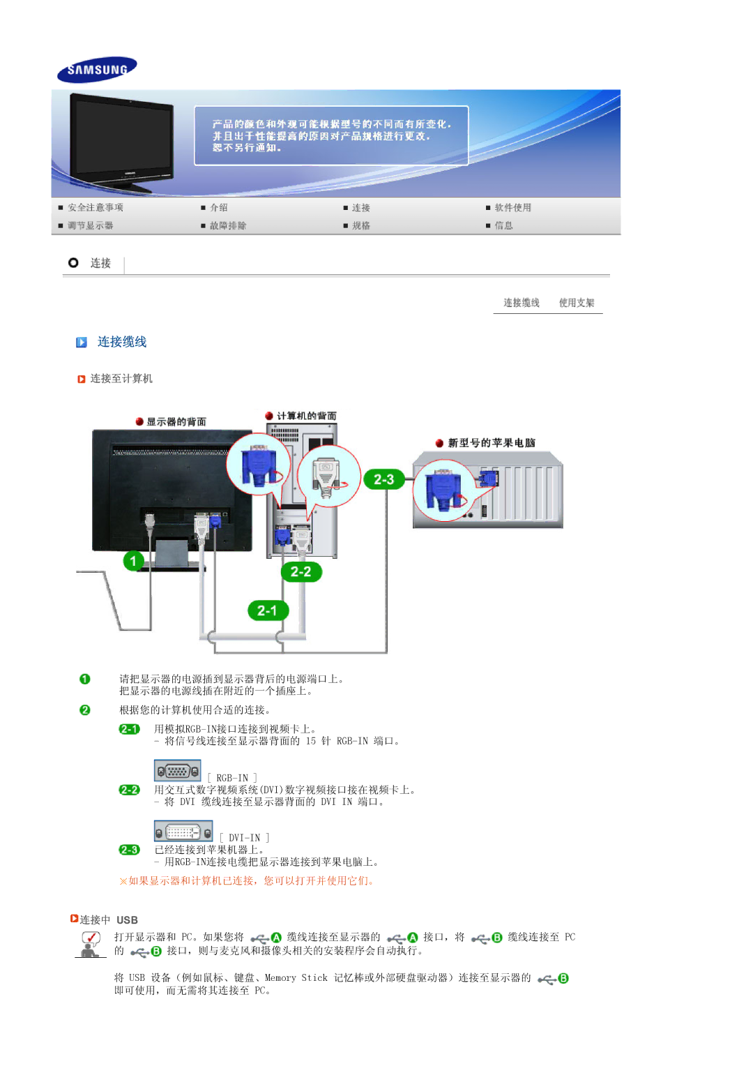 Samsung LS22UCWSFVBEDC, LS22UCWSFV/EDC manual 连接缆线, 连接至计算机, 连接中 Usb 