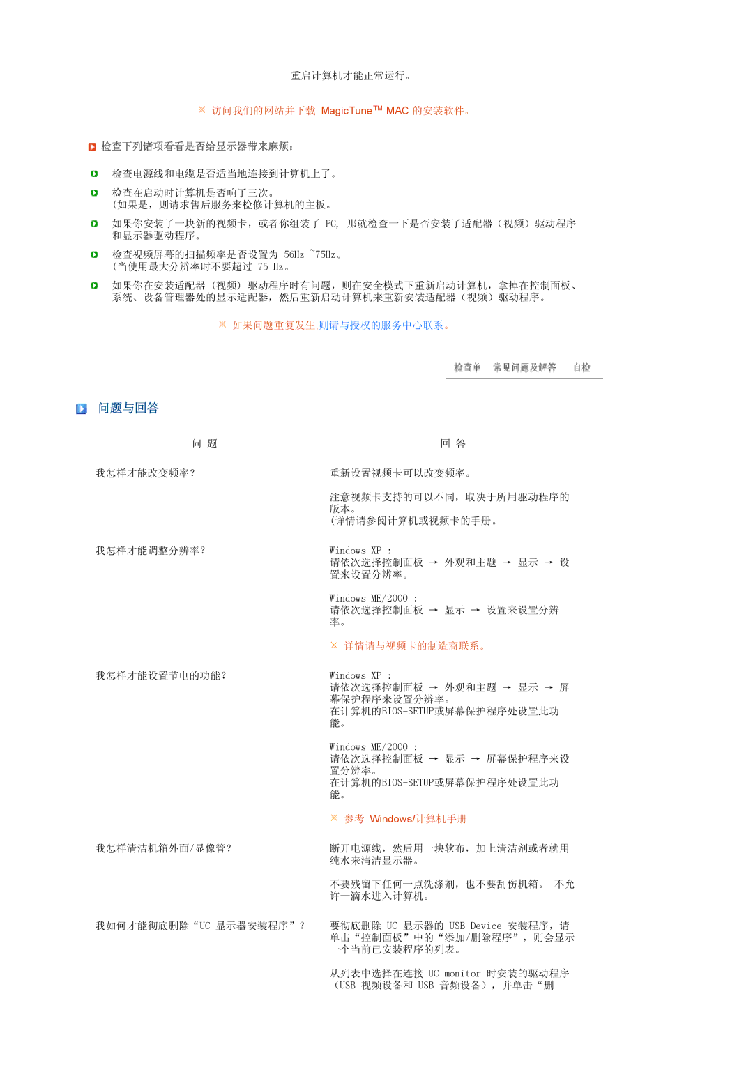 Samsung LS22UCWSFV/EDC, LS22UCWSFVBEDC manual 问题与回答, 检查下列诸项看看是否给显示器带来麻烦： 