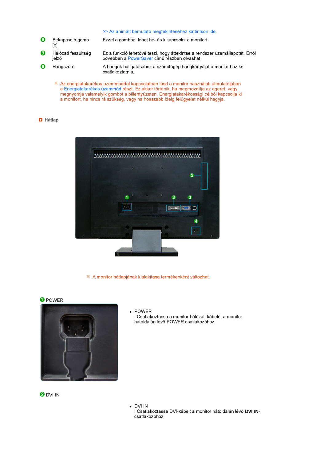 Samsung LS22UCWSFVBEDC, LS22UCWSFV/EDC manual Hátlap, Power 