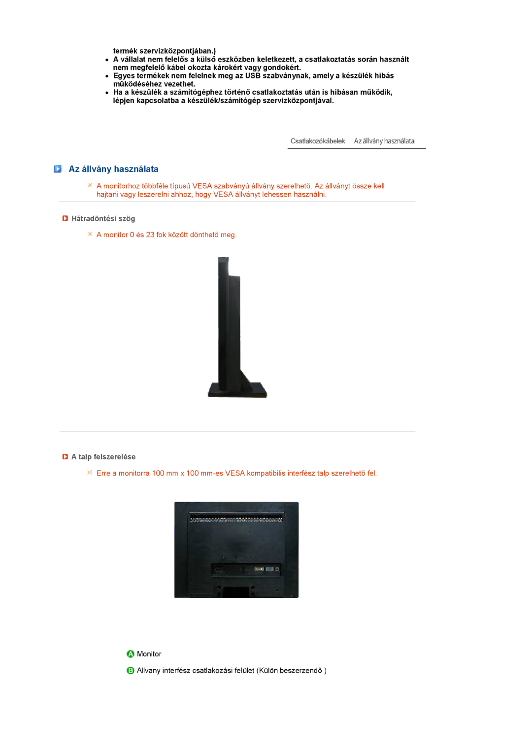 Samsung LS22UCWSFVBEDC, LS22UCWSFV/EDC manual Az állvány használata, Hátradöntési szög, Talp felszerelése 