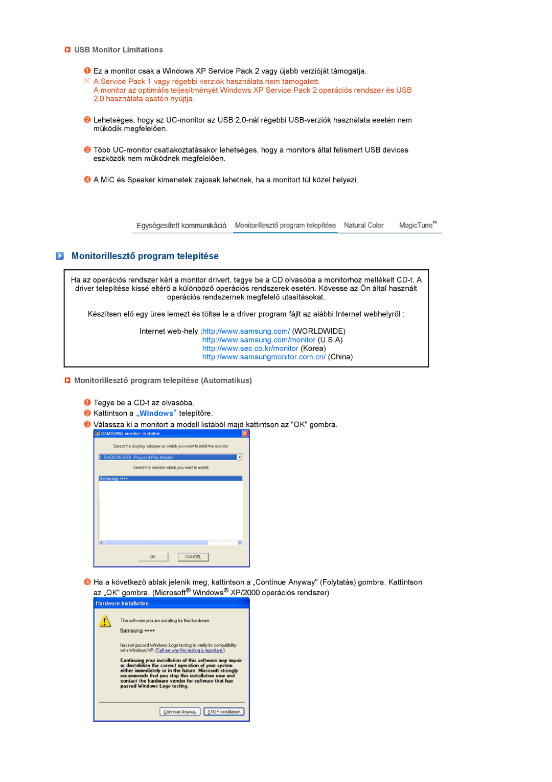 Samsung LS22UCWSFVBEDC, LS22UCWSFV/EDC manual Monitorillesztő program telepítése, USB Monitor Limitations 