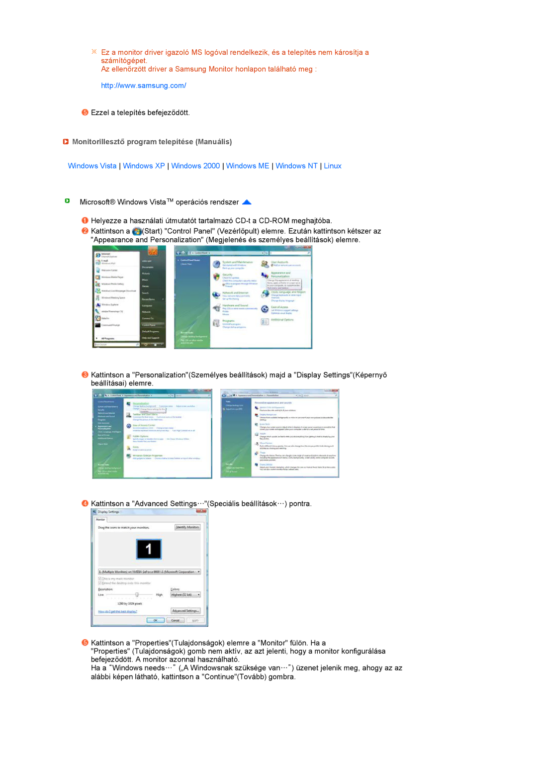 Samsung LS22UCWSFV/EDC, LS22UCWSFVBEDC manual Monitorillesztő program telepítése Manuális 