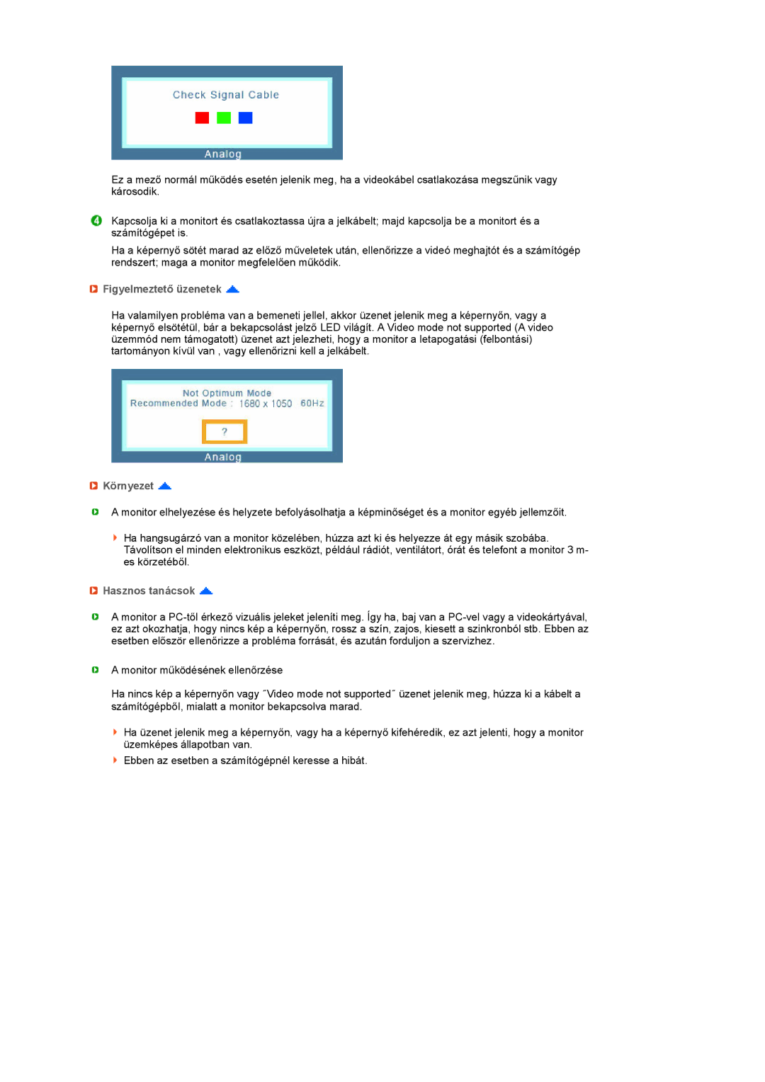 Samsung LS22UCWSFVBEDC, LS22UCWSFV/EDC manual Figyelmeztető üzenetek, Környezet, Hasznos tanácsok 