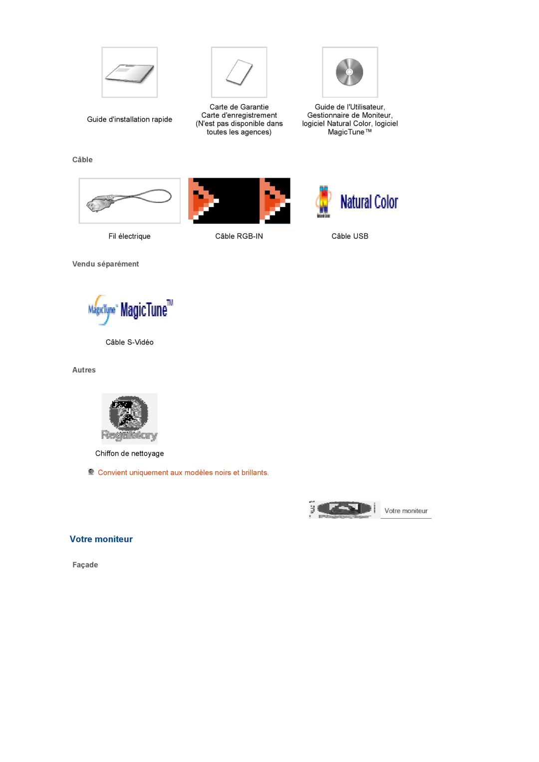 Samsung LS22UCWSFV/EDC manual Votre moniteur, Câble, Vendu séparément, Autres, Façade 