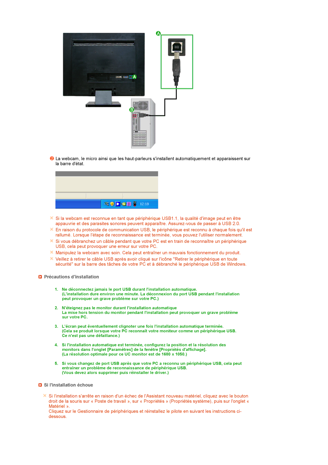 Samsung LS22UCWSFV/EDC manual Précautions dinstallation, Si linstallation échoue 