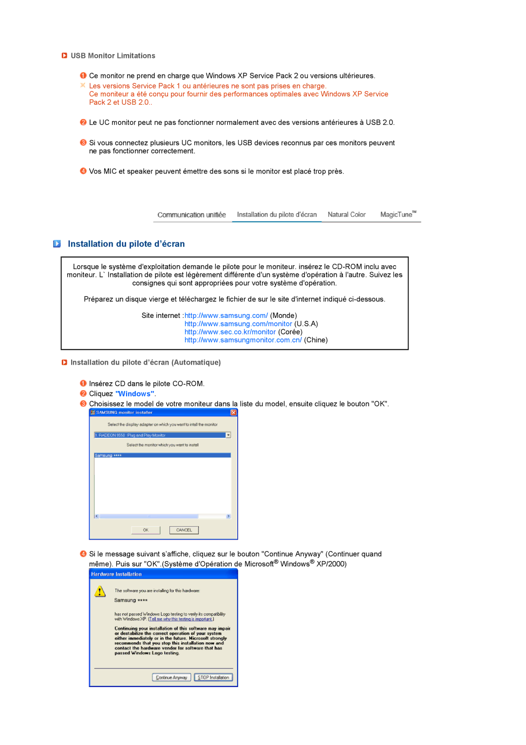 Samsung LS22UCWSFV/EDC manual USB Monitor Limitations, Installation du pilote d’écran Automatique 