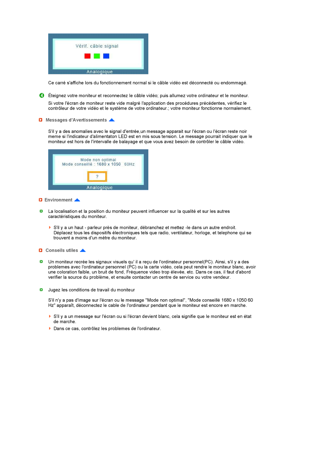 Samsung LS22UCWSFV/EDC manual Messages dAvertissements, Environment, Conseils utiles 