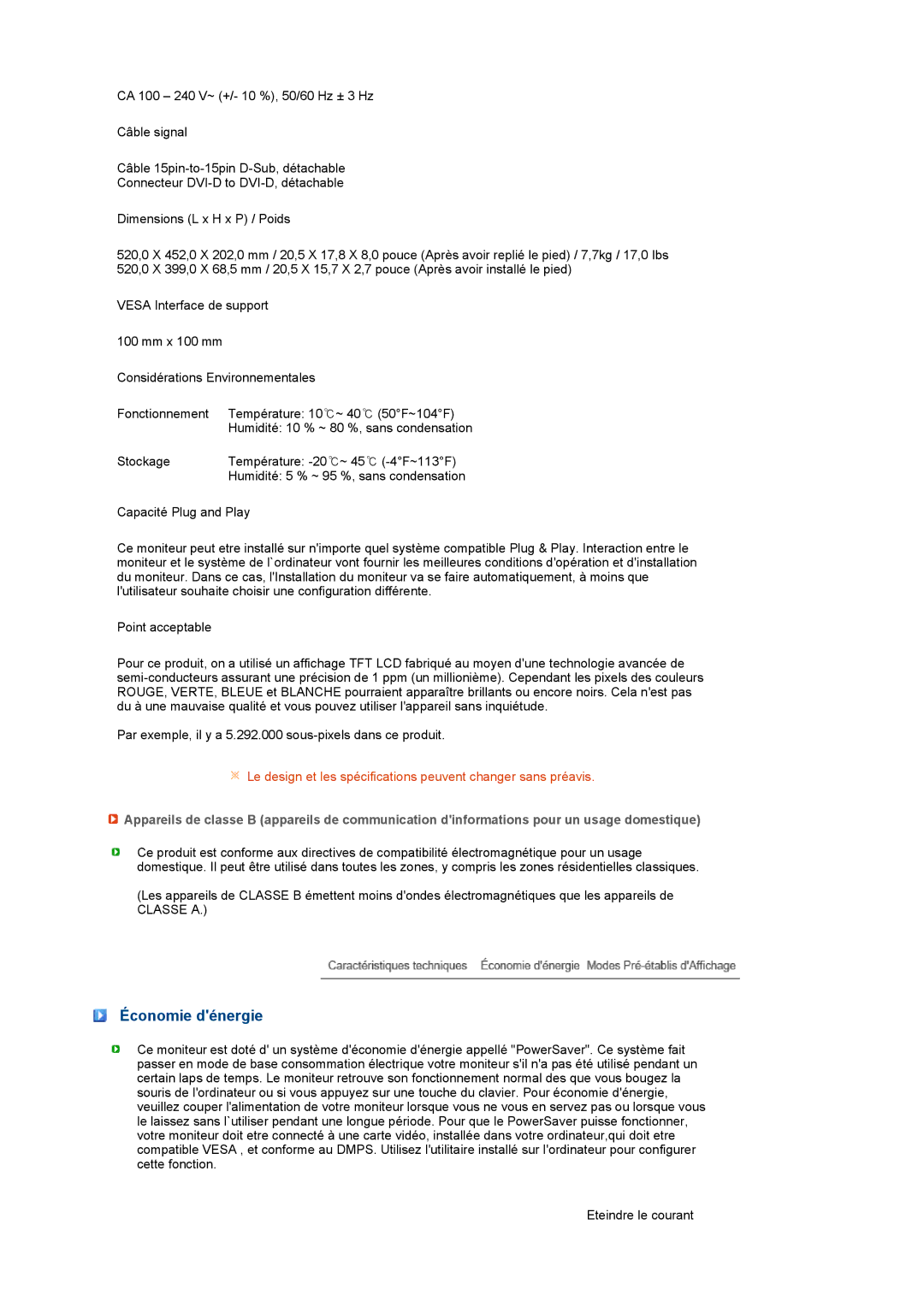 Samsung LS22UCWSFV/EDC manual Économie dénergie 