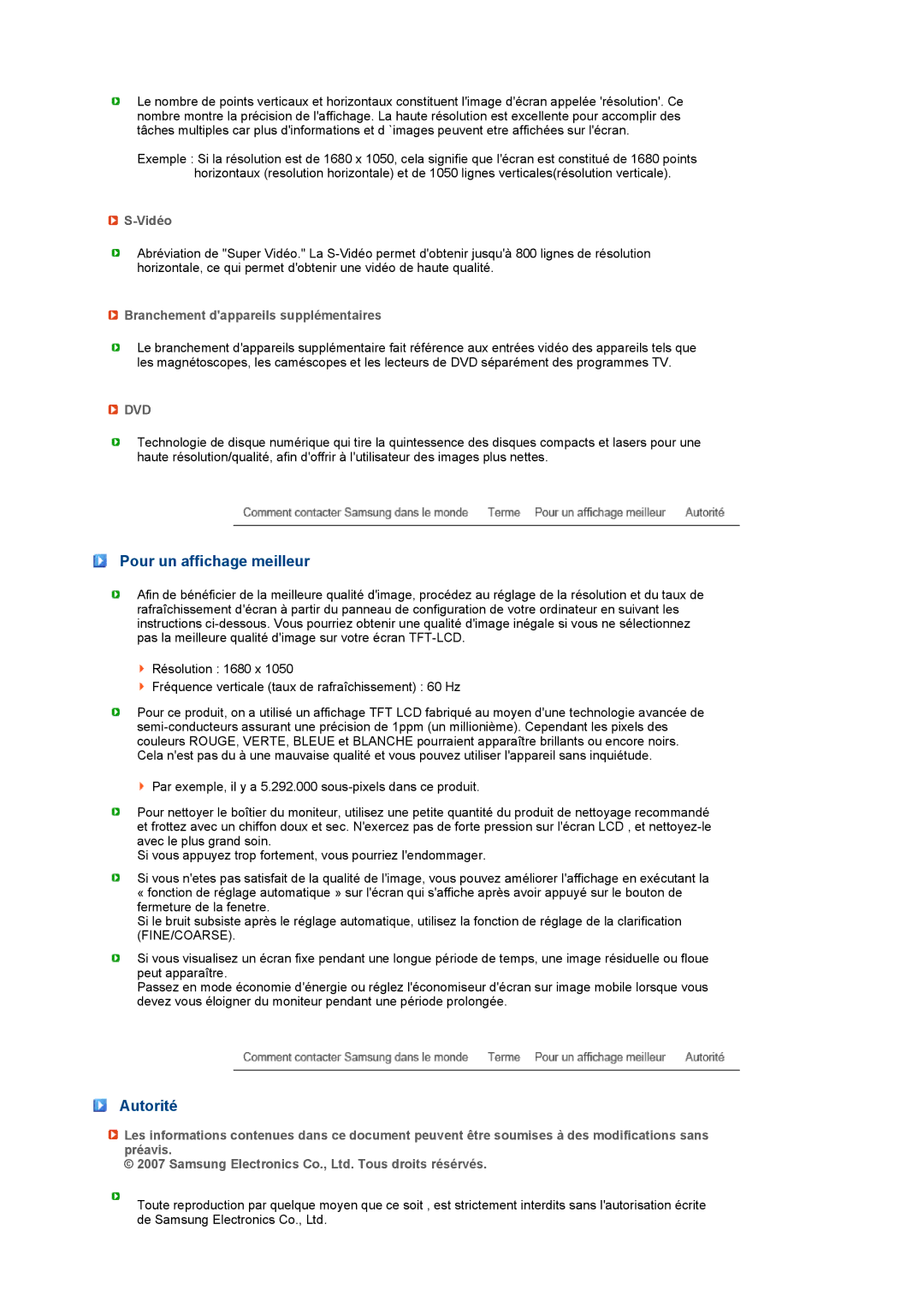 Samsung LS22UCWSFV/EDC manual Pour un affichage meilleur, Autorité, Vidéo, Branchement dappareils supplémentaires 